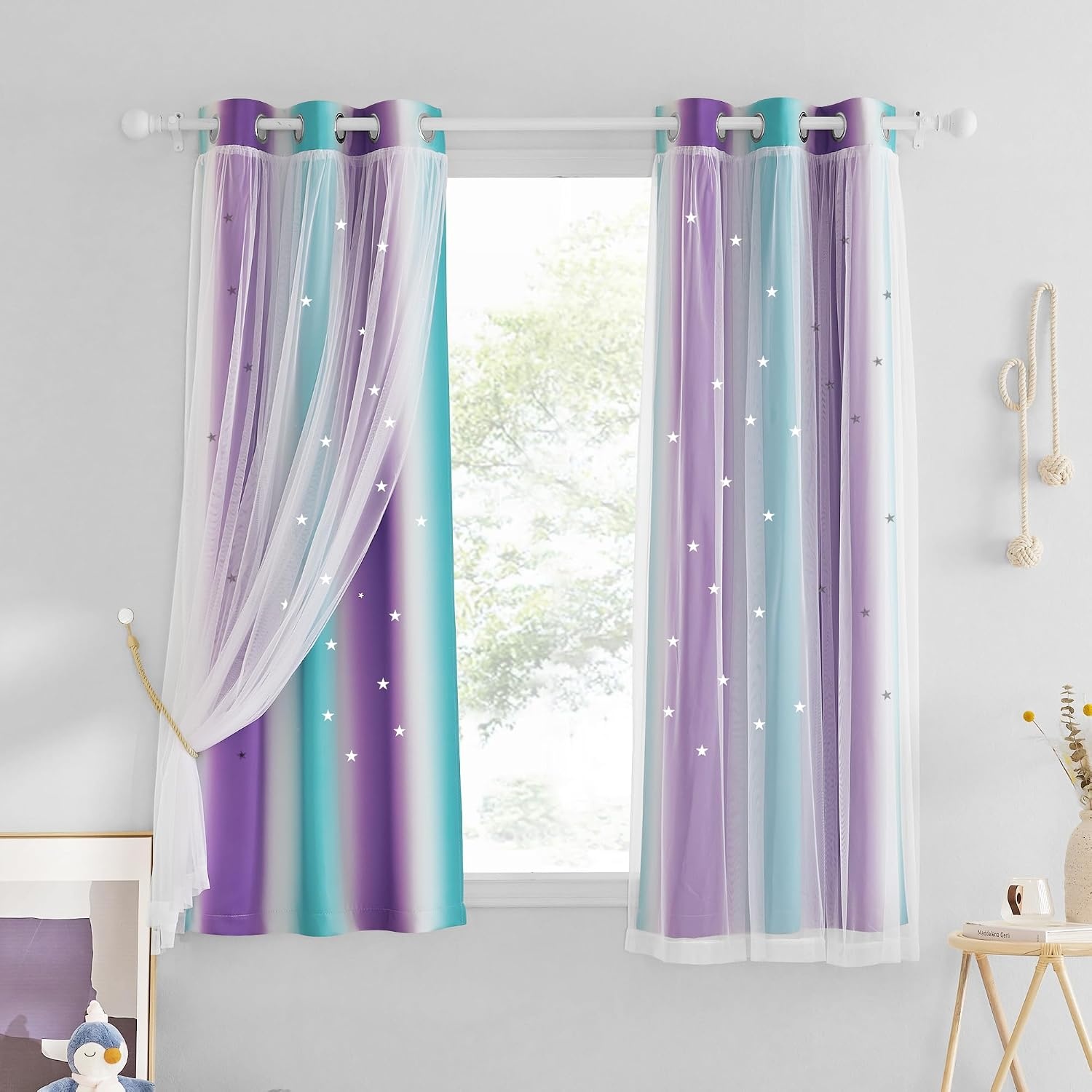 image:imageNICETOWN Kids Room Decor Curtains for Girls Nursery Star Cut Princess Room Design Curtains with Versatile Styling Options for Backdrops Pink amp Yellow amp Green amp Pink Each is W52 x L84 Sold by 2Teal Purple