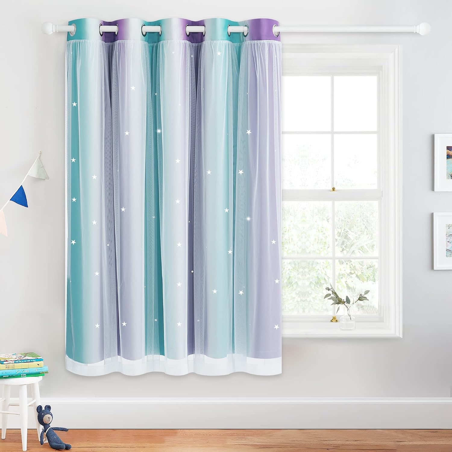 image:imageNICETOWN Kids Room Decor Curtains for Girls Nursery Star Cut Princess Room Design Curtains with Versatile Styling Options for Backdrops Pink amp Yellow amp Green amp Pink Each is W52 x L84 Sold by 2Teal Purple