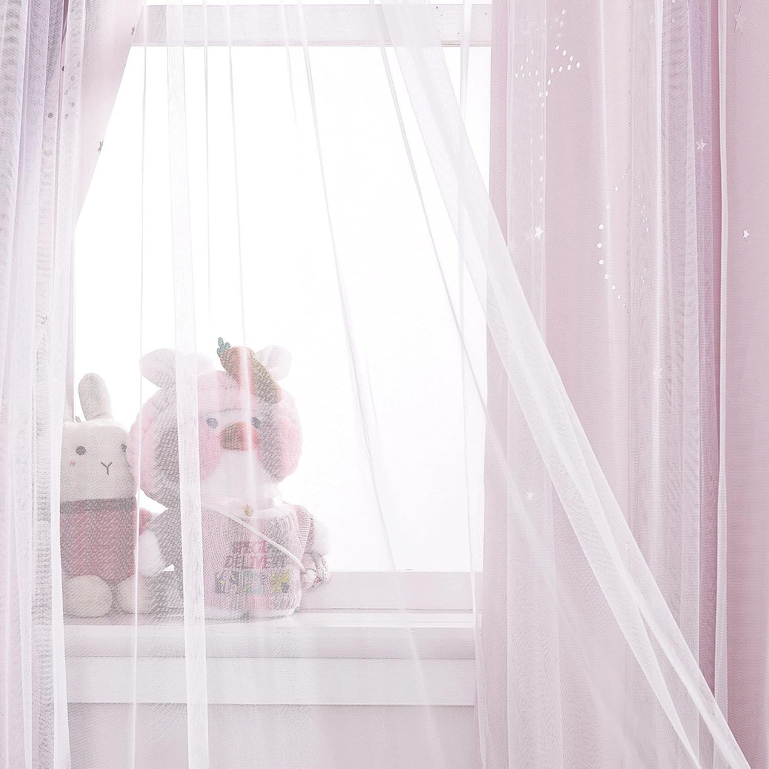 image:imageNICETOWN Kids Room Decor Curtains for Girls Nursery Star Cut Princess Room Design Curtains with Versatile Styling Options for Backdrops Pink amp Yellow amp Green amp Pink Each is W52 x L84 Sold by 2Pink