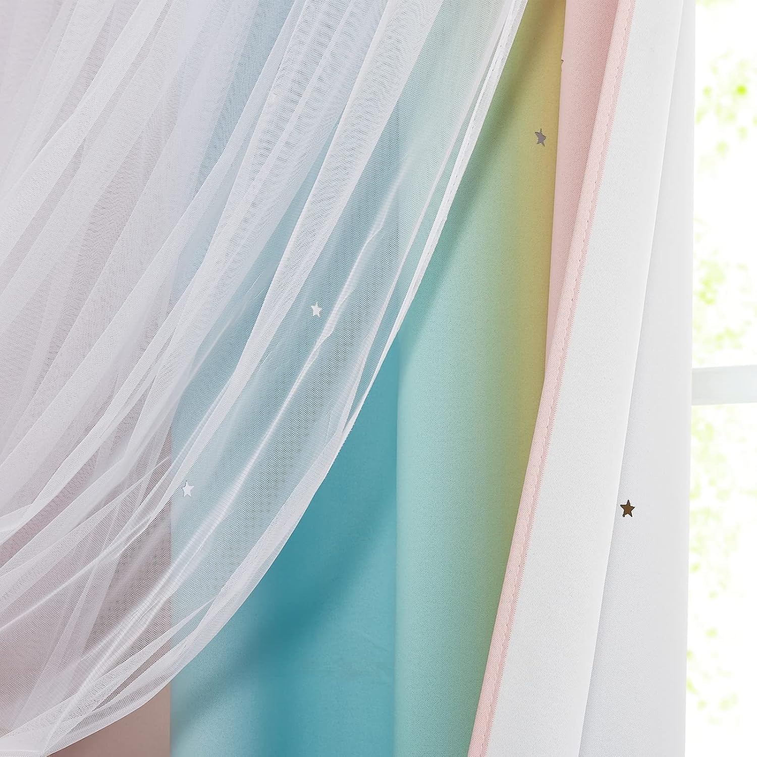 image:imageNICETOWN Kids Room Decor Curtains for Girls Nursery Star Cut Princess Room Design Curtains with Versatile Styling Options for Backdrops Pink amp Yellow amp Green amp Pink Each is W52 x L84 Sold by 2Pink Yellow Green Pink