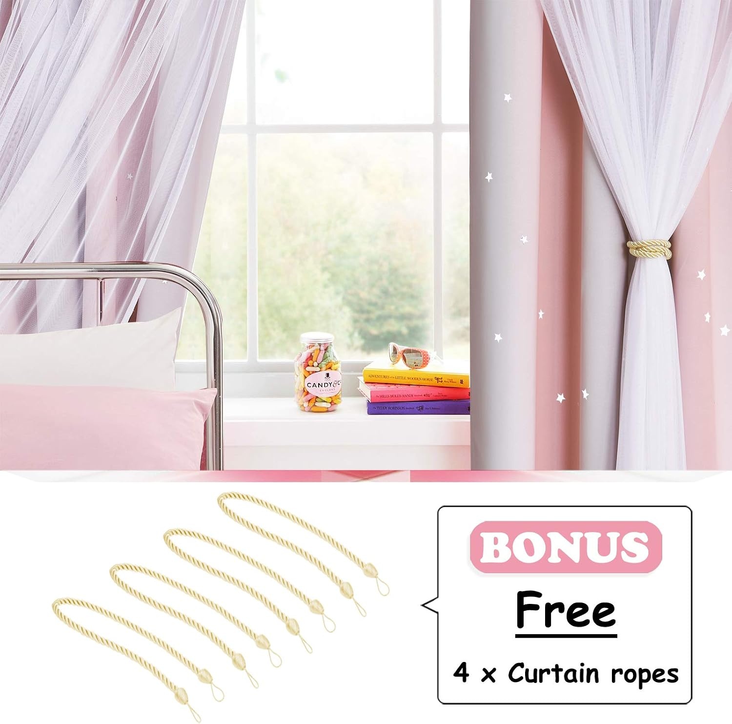 image:imageNICETOWN Kids Room Decor Curtains for Girls Nursery Star Cut Princess Room Design Curtains with Versatile Styling Options for Backdrops Pink amp Yellow amp Green amp Pink Each is W52 x L84 Sold by 2Pink Grey