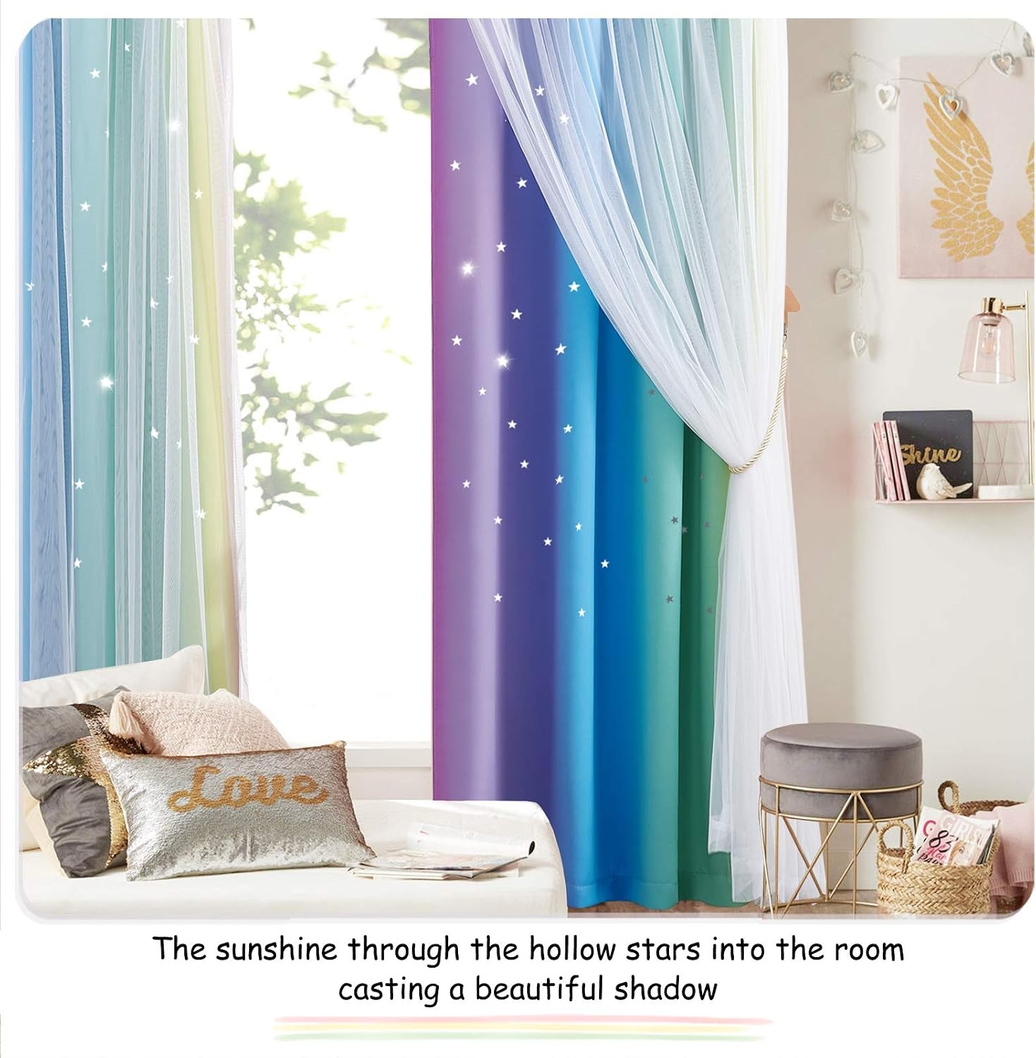 image:imageNICETOWN Kids Room Decor Curtains for Girls Nursery Star Cut Princess Room Design Curtains with Versatile Styling Options for Backdrops Pink amp Yellow amp Green amp Pink Each is W52 x L84 Sold by 2Rainbow1
