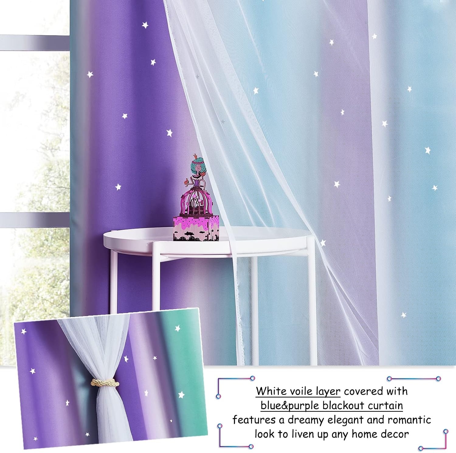image:imageNICETOWN Kids Room Decor Curtains for Girls Nursery Star Cut Princess Room Design Curtains with Versatile Styling Options for Backdrops Pink amp Yellow amp Green amp Pink Each is W52 x L84 Sold by 2Teal Purple