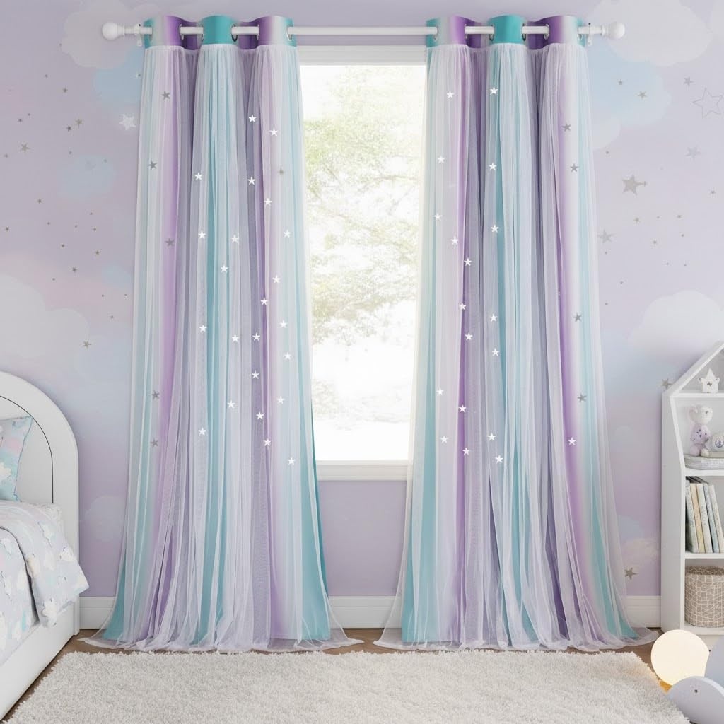 image:imageNICETOWN Kids Room Decor Curtains for Girls Nursery Star Cut Princess Room Design Curtains with Versatile Styling Options for Backdrops Pink amp Yellow amp Green amp Pink Each is W52 x L84 Sold by 2Teal Purple