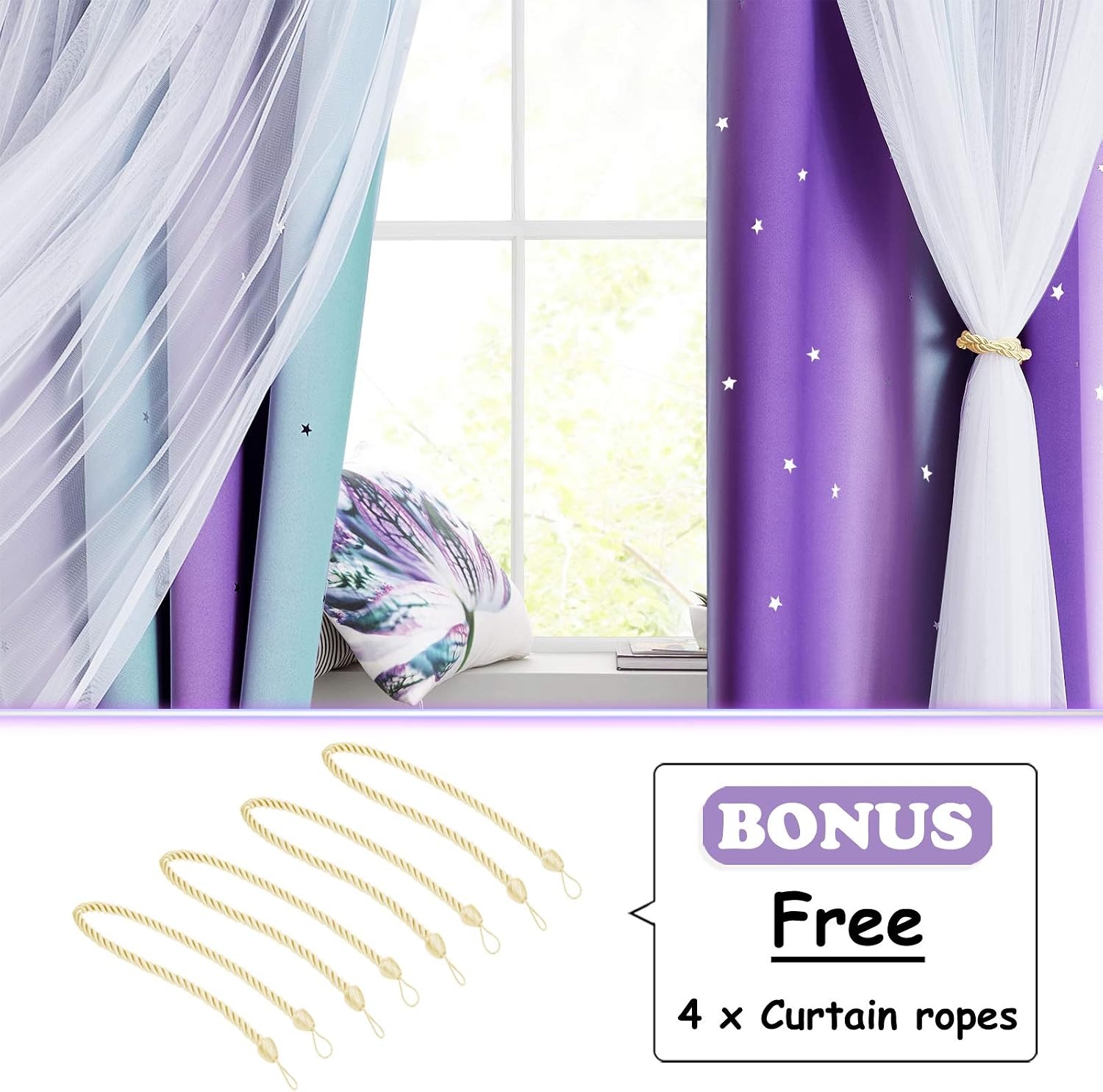 image:imageNICETOWN Kids Room Decor Curtains for Girls Nursery Star Cut Princess Room Design Curtains with Versatile Styling Options for Backdrops Pink amp Yellow amp Green amp Pink Each is W52 x L84 Sold by 2Teal Purple