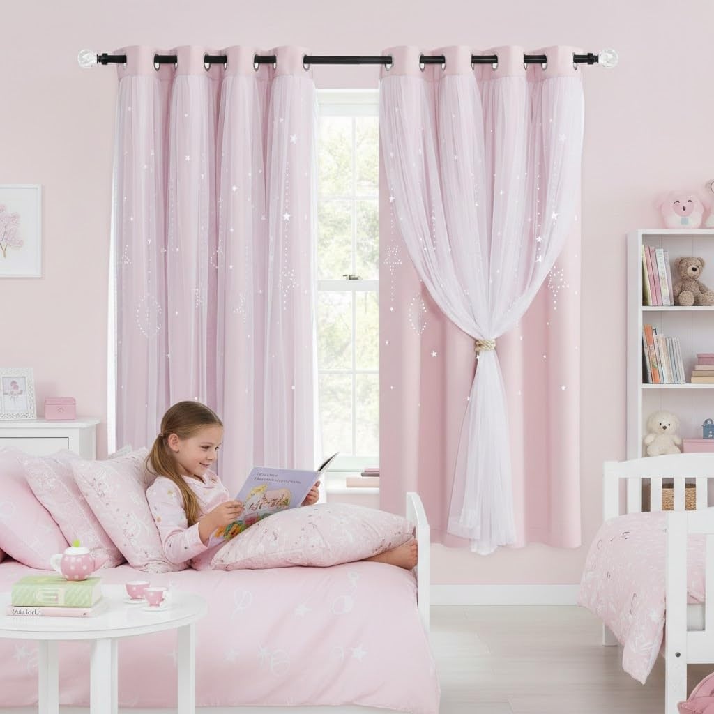image:imageNICETOWN Kids Room Decor Curtains for Girls Nursery Star Cut Princess Room Design Curtains with Versatile Styling Options for Backdrops Pink amp Yellow amp Green amp Pink Each is W52 x L84 Sold by 2Moon Star Baby Pink