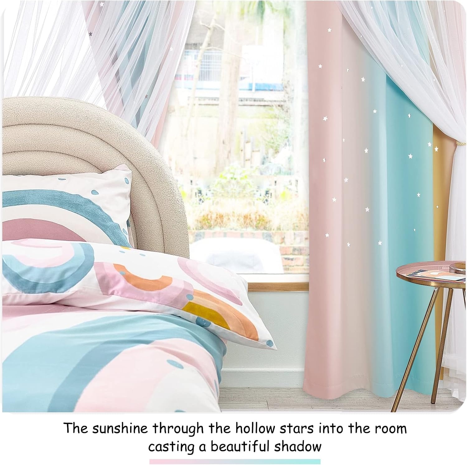 image:imageNICETOWN Kids Room Decor Curtains for Girls Nursery Star Cut Princess Room Design Curtains with Versatile Styling Options for Backdrops Pink amp Yellow amp Green amp Pink Each is W52 x L84 Sold by 2Pink Yellow Green Pink