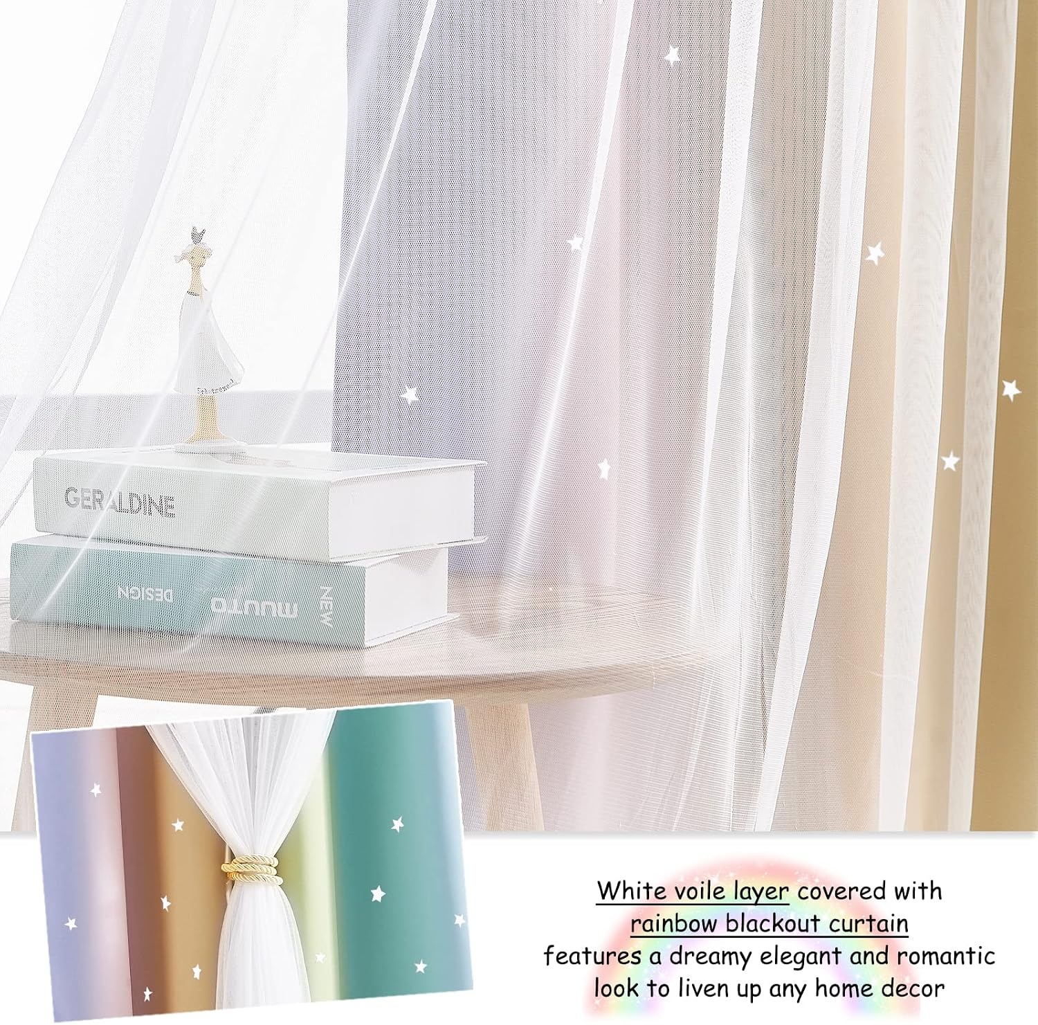 image:imageNICETOWN Kids Room Decor Curtains for Girls Nursery Star Cut Princess Room Design Curtains with Versatile Styling Options for Backdrops Pink amp Yellow amp Green amp Pink Each is W52 x L84 Sold by 2Rainbow3