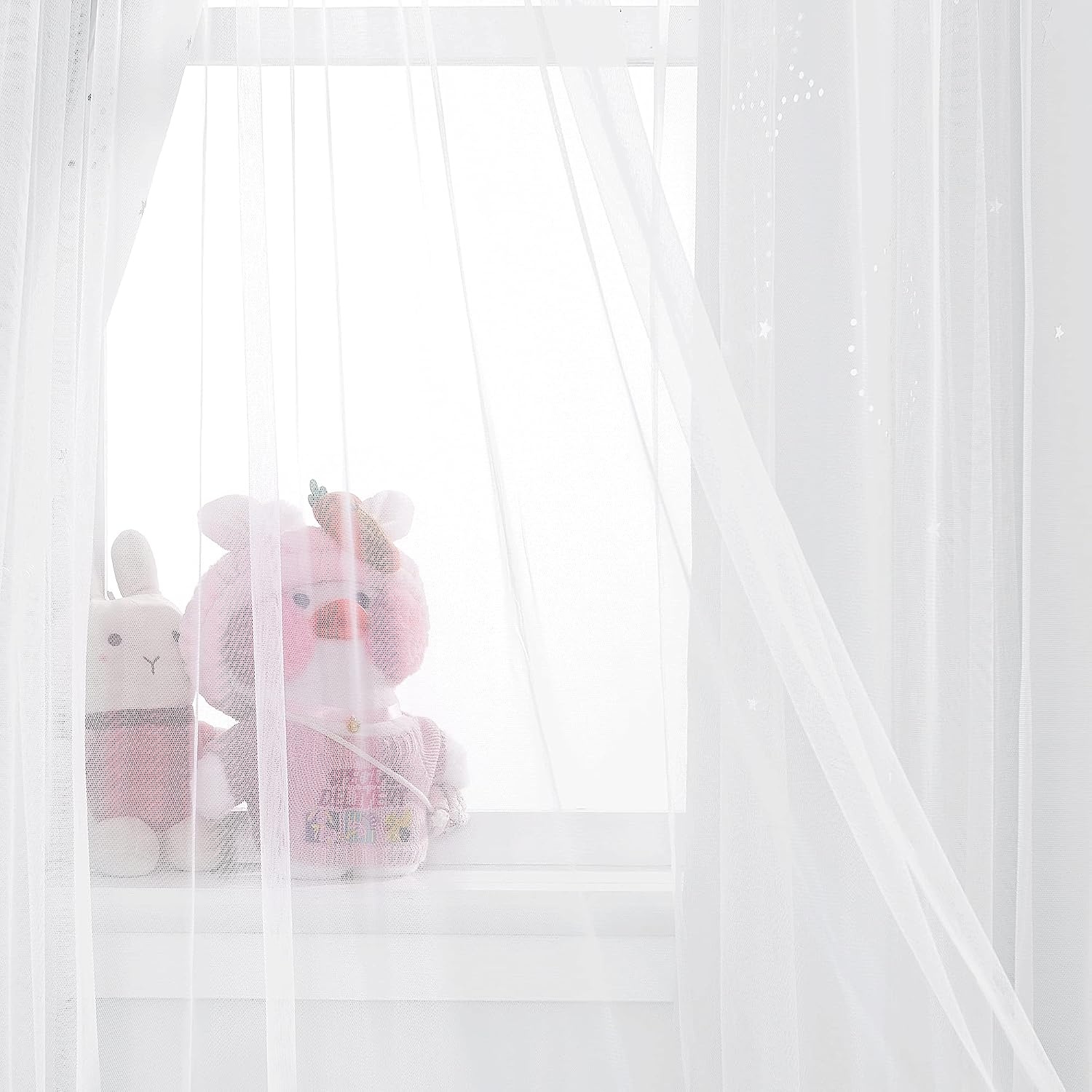 image:imageNICETOWN Kids Room Decor Curtains for Girls Nursery Star Cut Princess Room Design Curtains with Versatile Styling Options for Backdrops Pink amp Yellow amp Green amp Pink Each is W52 x L84 Sold by 2Moon Star Greyish White