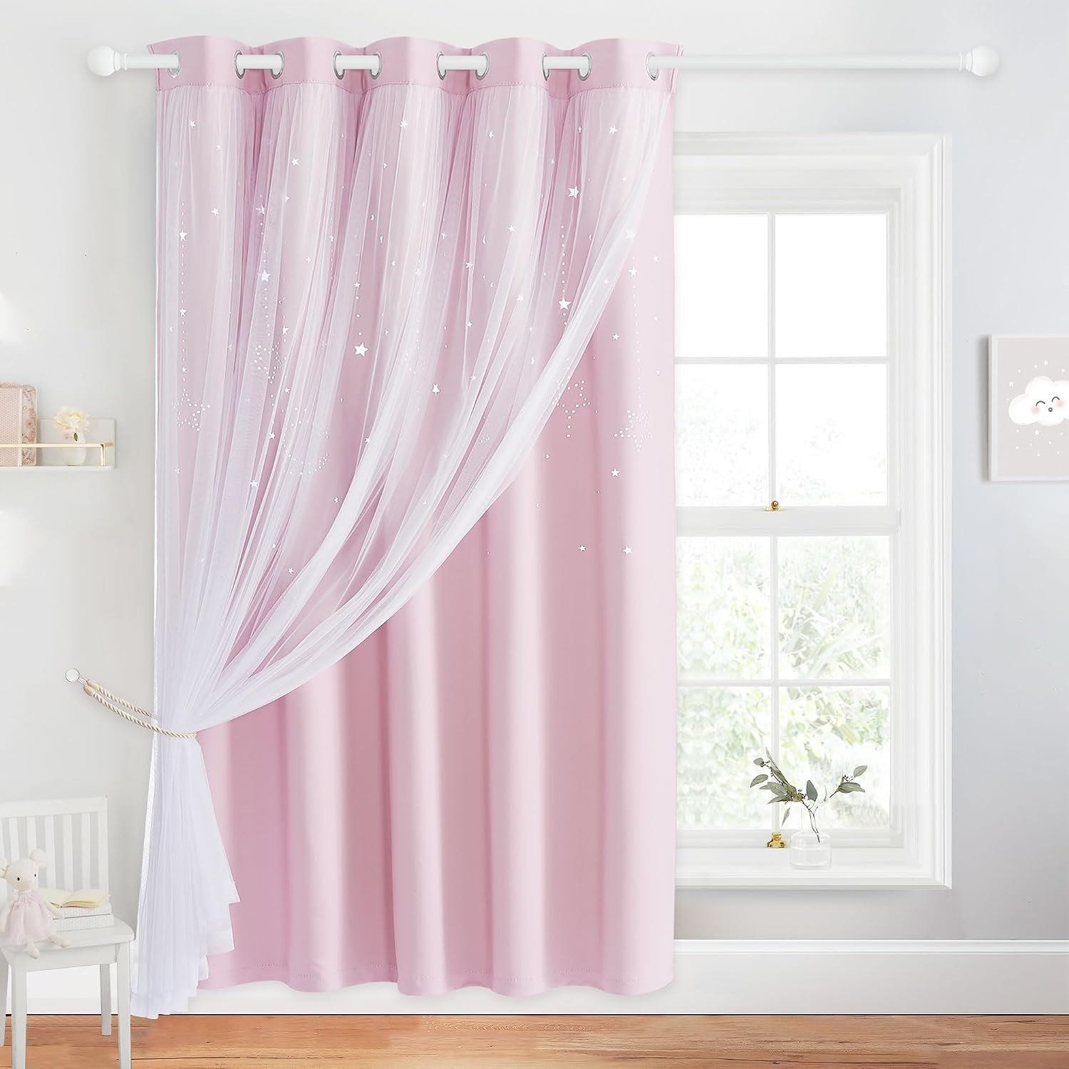 image:imageNICETOWN Kids Room Decor Curtains for Girls Nursery Star Cut Princess Room Design Curtains with Versatile Styling Options for Backdrops Pink amp Yellow amp Green amp Pink Each is W52 x L84 Sold by 2Pink