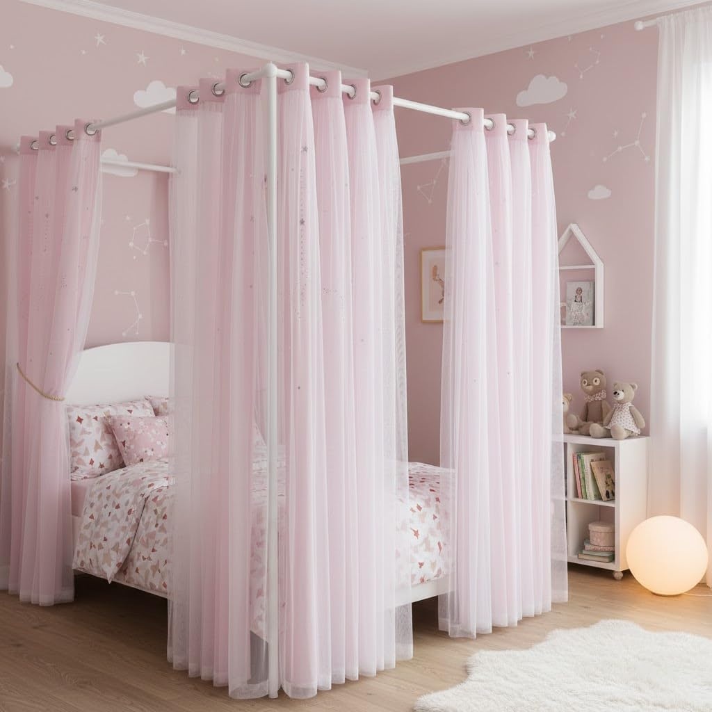 image:imageNICETOWN Kids Room Decor Curtains for Girls Nursery Star Cut Princess Room Design Curtains with Versatile Styling Options for Backdrops Pink amp Yellow amp Green amp Pink Each is W52 x L84 Sold by 2Moon Star Baby Pink