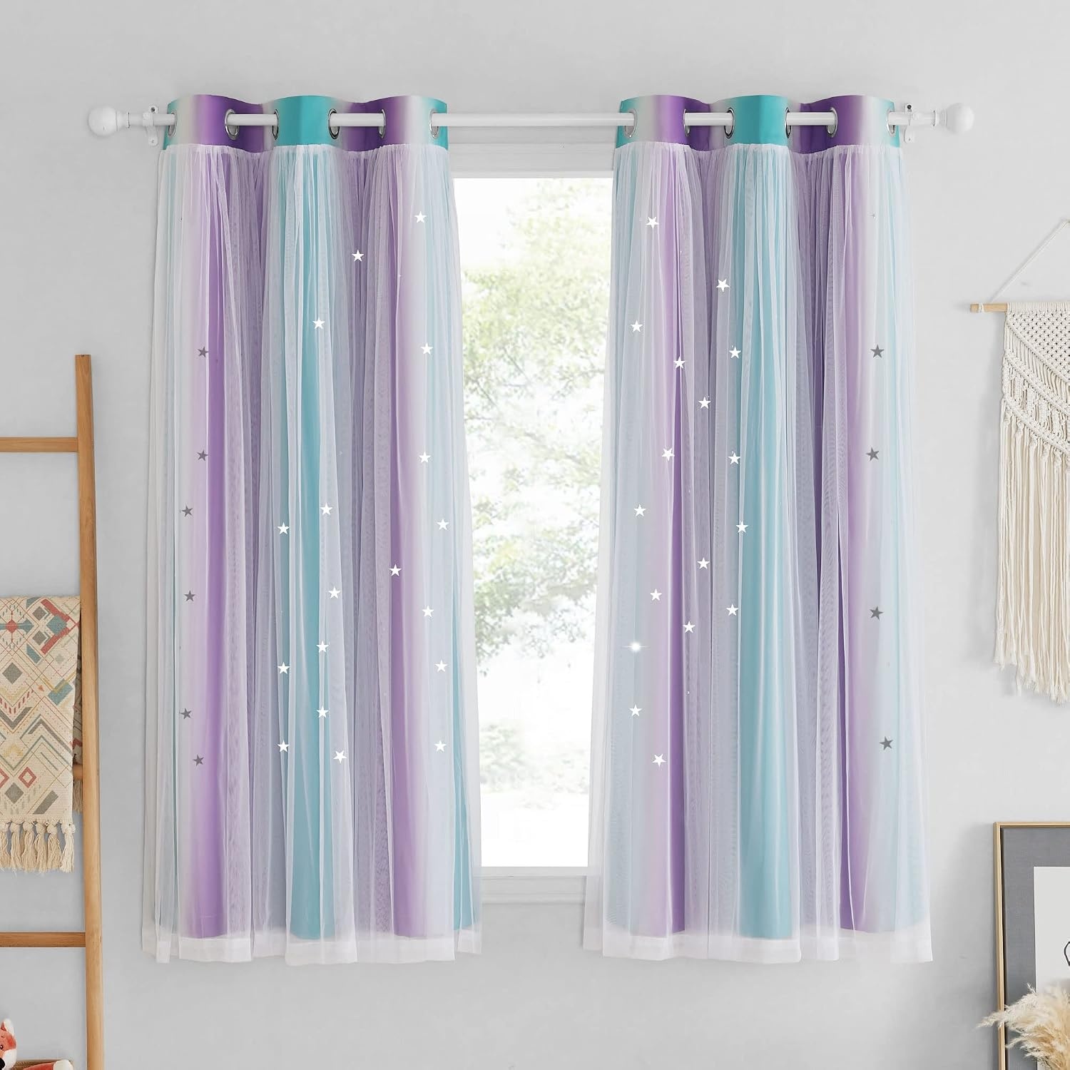image:imageNICETOWN Kids Room Decor Curtains for Girls Nursery Star Cut Princess Room Design Curtains with Versatile Styling Options for Backdrops Pink amp Yellow amp Green amp Pink Each is W52 x L84 Sold by 2Teal Purple