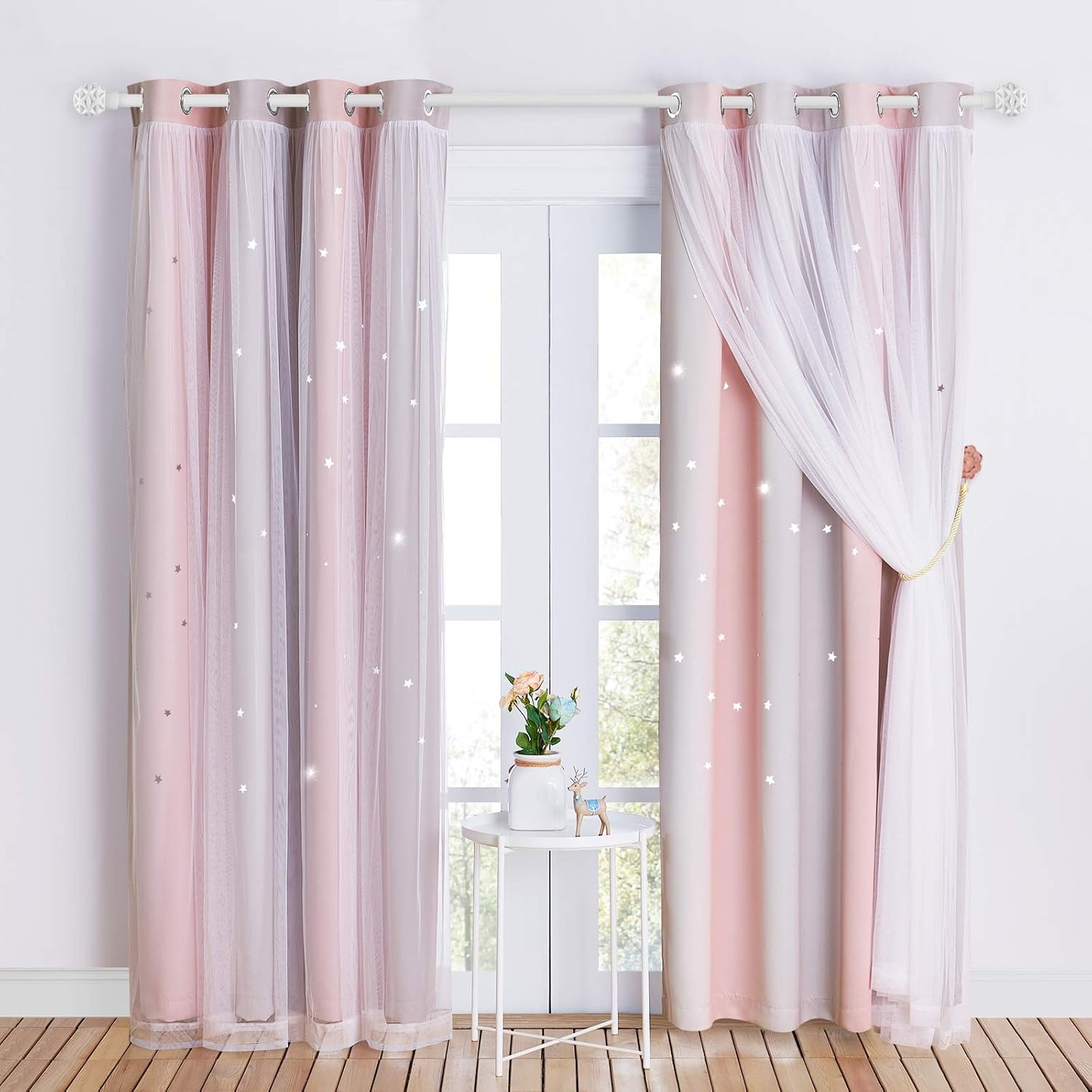 image:imageNICETOWN Kids Room Decor Curtains for Girls Nursery Star Cut Princess Room Design Curtains with Versatile Styling Options for Backdrops Pink amp Yellow amp Green amp Pink Each is W52 x L84 Sold by 2Pink Grey