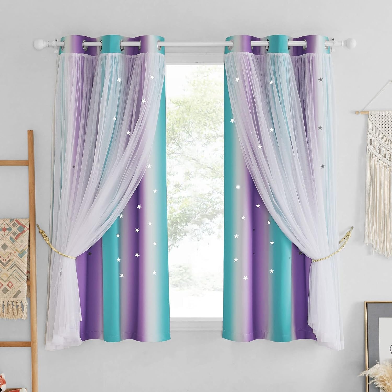 image:imageNICETOWN Kids Room Decor Curtains for Girls Nursery Star Cut Princess Room Design Curtains with Versatile Styling Options for Backdrops Pink amp Yellow amp Green amp Pink Each is W52 x L84 Sold by 2Teal Purple