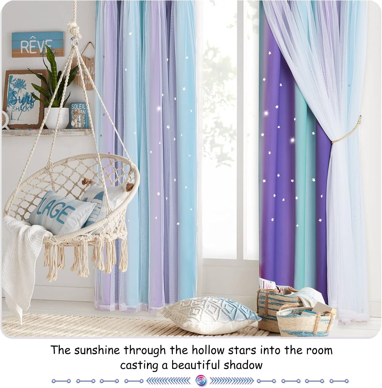 image:imageNICETOWN Kids Room Decor Curtains for Girls Nursery Star Cut Princess Room Design Curtains with Versatile Styling Options for Backdrops Pink amp Yellow amp Green amp Pink Each is W52 x L84 Sold by 2Teal Purple