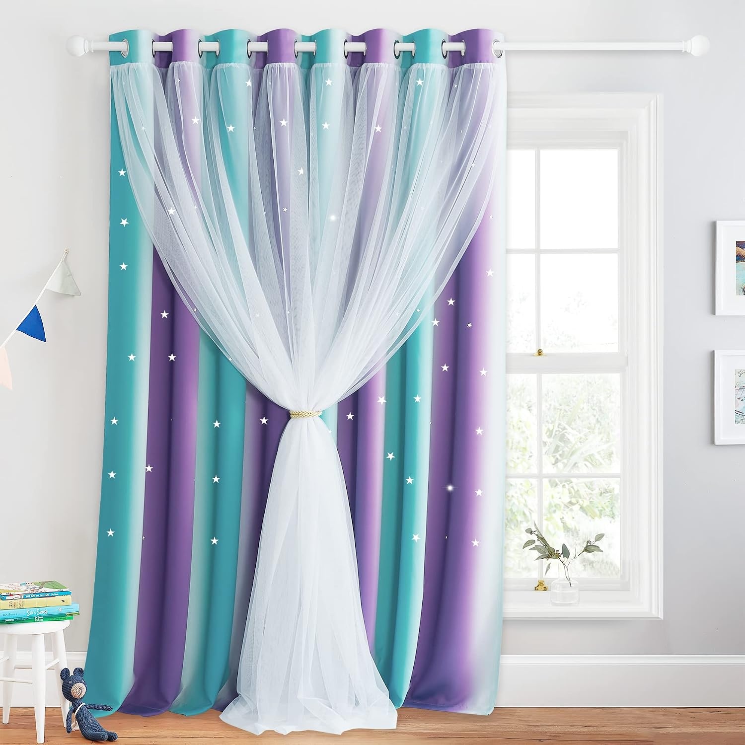 image:imageNICETOWN Kids Room Decor Curtains for Girls Nursery Star Cut Princess Room Design Curtains with Versatile Styling Options for Backdrops Pink amp Yellow amp Green amp Pink Each is W52 x L84 Sold by 2Teal Purple