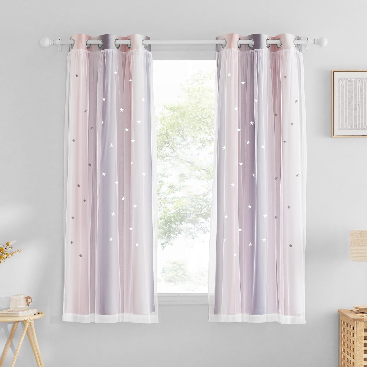 image:imageNICETOWN Kids Room Decor Curtains for Girls Nursery Star Cut Princess Room Design Curtains with Versatile Styling Options for Backdrops Pink amp Yellow amp Green amp Pink Each is W52 x L84 Sold by 2Pink Grey