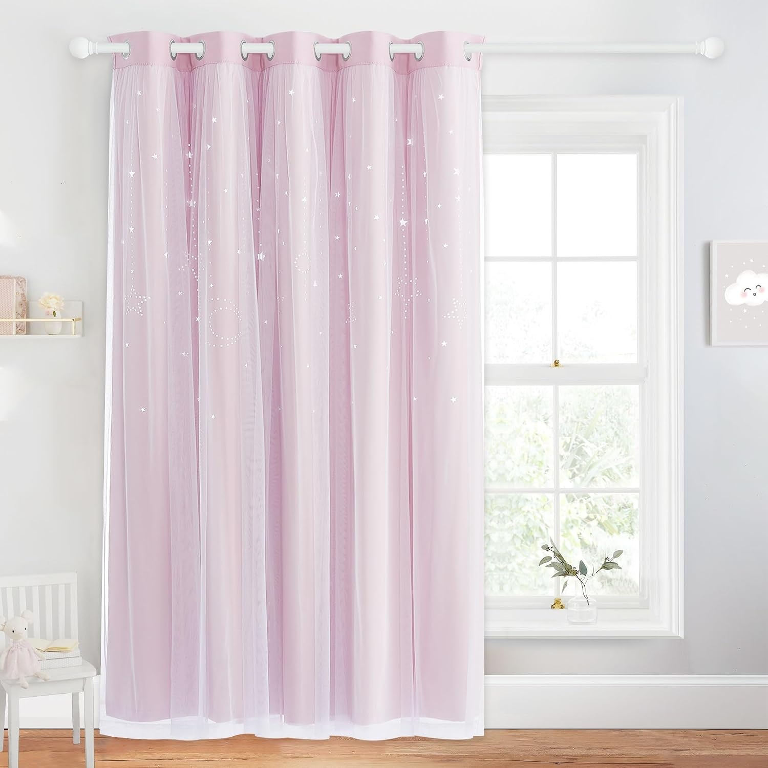 image:imageNICETOWN Kids Room Decor Curtains for Girls Nursery Star Cut Princess Room Design Curtains with Versatile Styling Options for Backdrops Pink amp Yellow amp Green amp Pink Each is W52 x L84 Sold by 2Pink