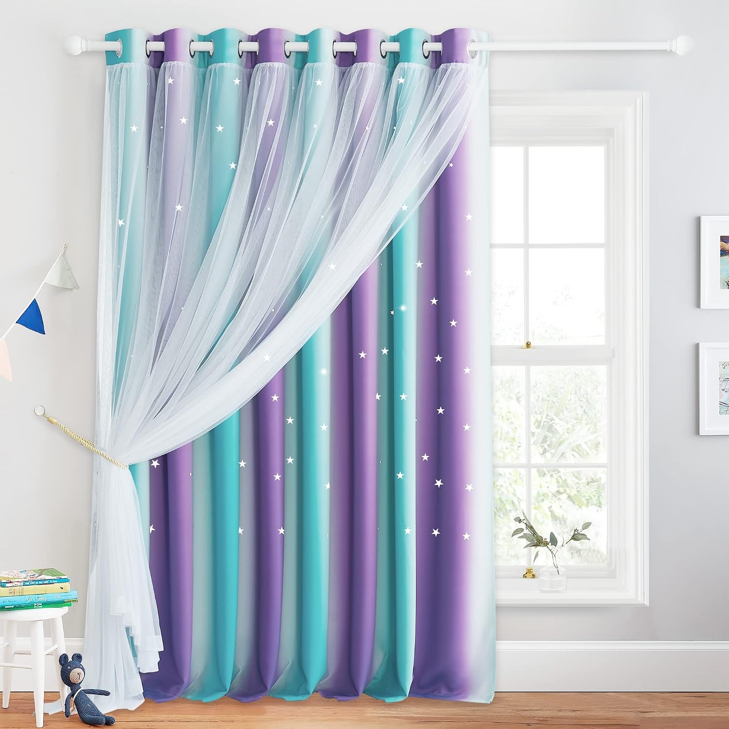 image:imageNICETOWN Kids Room Decor Curtains for Girls Nursery Star Cut Princess Room Design Curtains with Versatile Styling Options for Backdrops Pink amp Yellow amp Green amp Pink Each is W52 x L84 Sold by 2Teal Purple