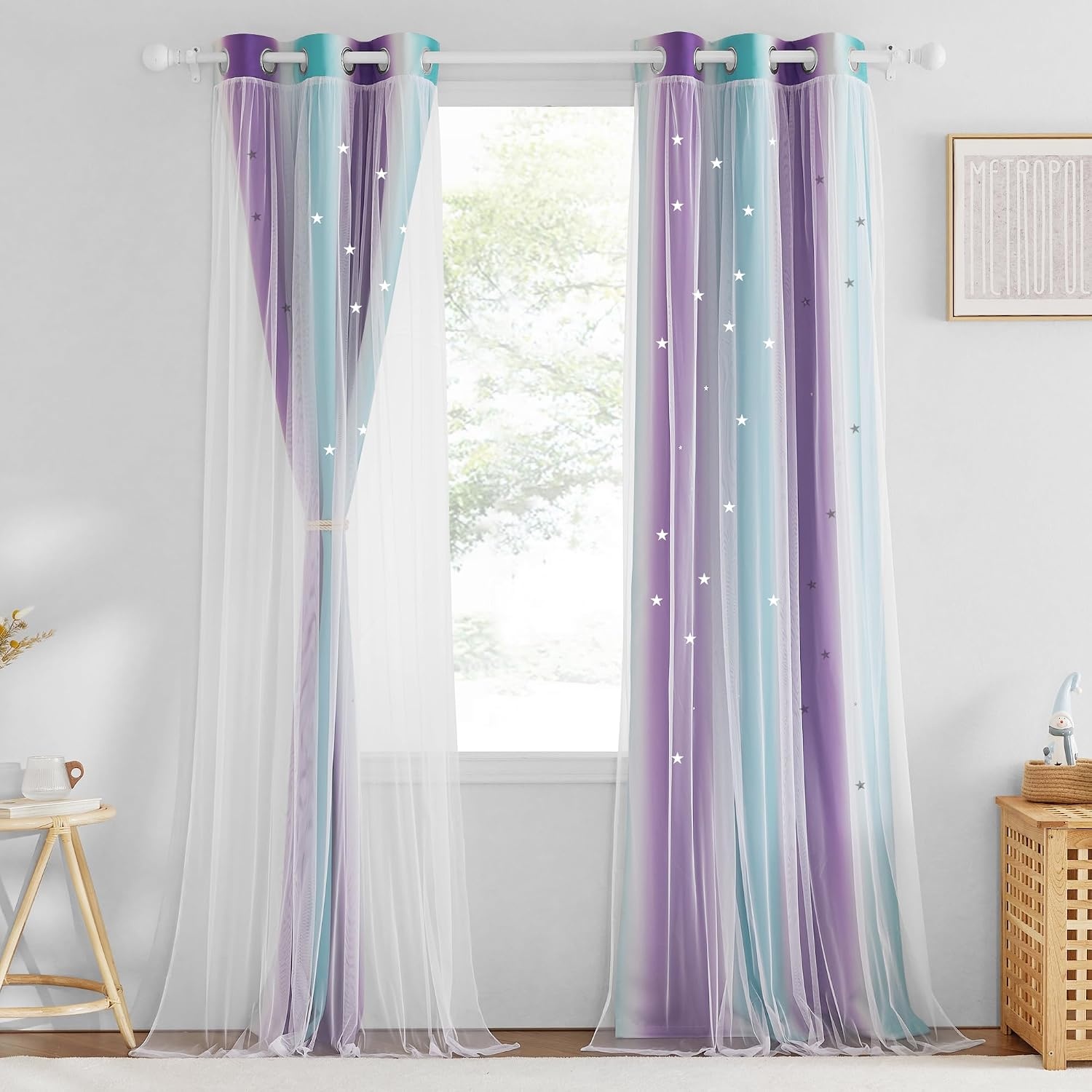 image:imageNICETOWN Kids Room Decor Curtains for Girls Nursery Star Cut Princess Room Design Curtains with Versatile Styling Options for Backdrops Pink amp Yellow amp Green amp Pink Each is W52 x L84 Sold by 2Teal Purple