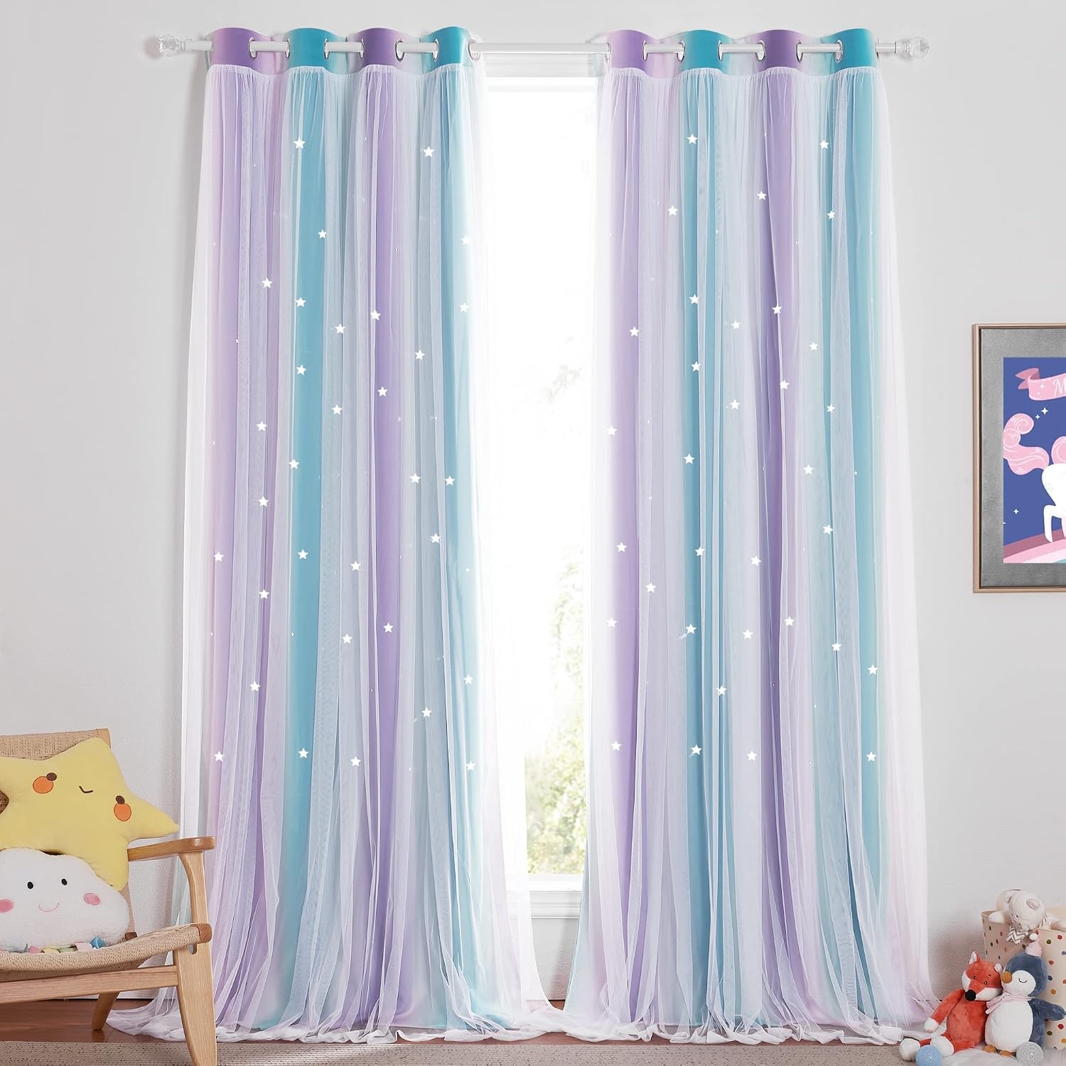 image:imageNICETOWN Kids Room Decor Curtains for Girls Nursery Star Cut Princess Room Design Curtains with Versatile Styling Options for Backdrops Pink amp Yellow amp Green amp Pink Each is W52 x L84 Sold by 2Teal Purple