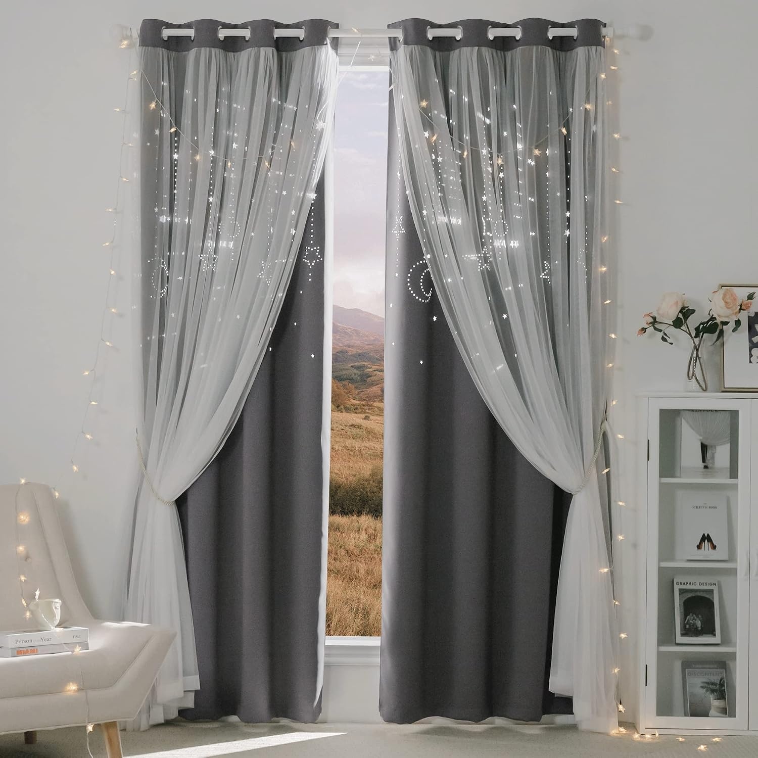 image:imageNICETOWN Kids Room Decor Curtains for Girls Nursery Star Cut Princess Room Design Curtains with Versatile Styling Options for Backdrops Pink amp Yellow amp Green amp Pink Each is W52 x L84 Sold by 2Moon Star Grey