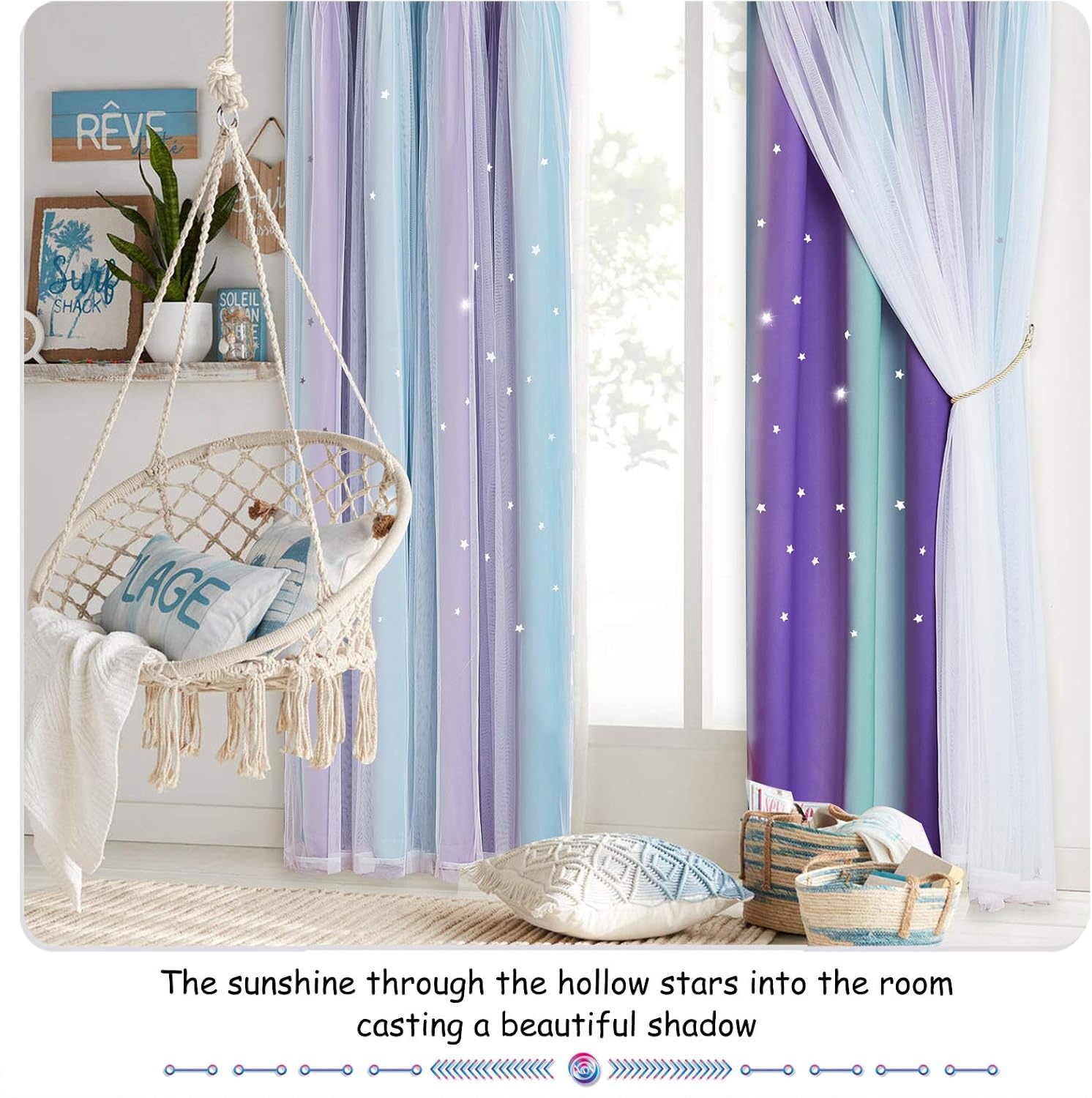 image:imageNICETOWN Kids Room Decor Curtains for Girls Nursery Star Cut Princess Room Design Curtains with Versatile Styling Options for Backdrops Pink amp Yellow amp Green amp Pink Each is W52 x L84 Sold by 2Teal Purple
