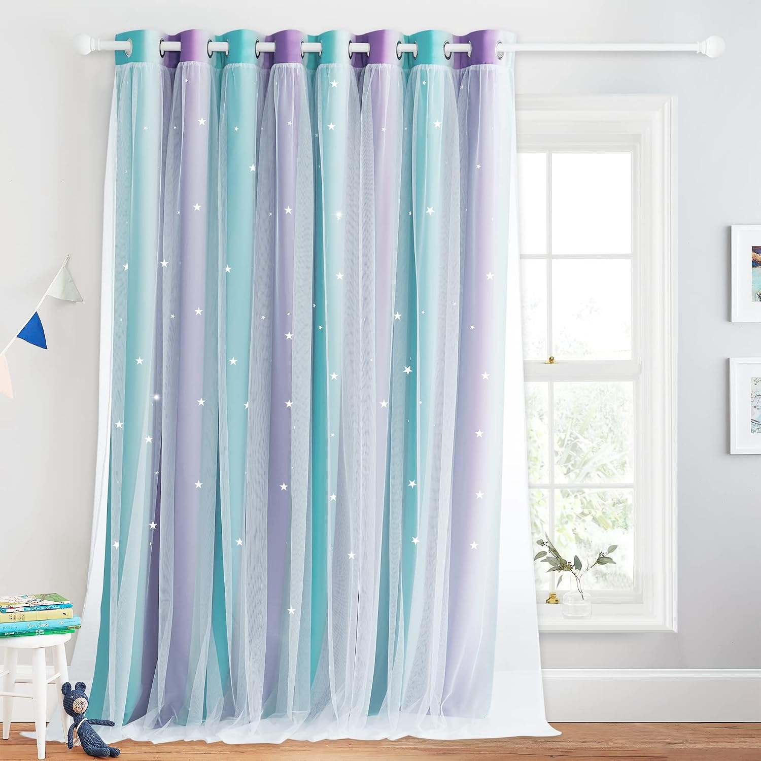 image:imageNICETOWN Kids Room Decor Curtains for Girls Nursery Star Cut Princess Room Design Curtains with Versatile Styling Options for Backdrops Pink amp Yellow amp Green amp Pink Each is W52 x L84 Sold by 2Teal Purple