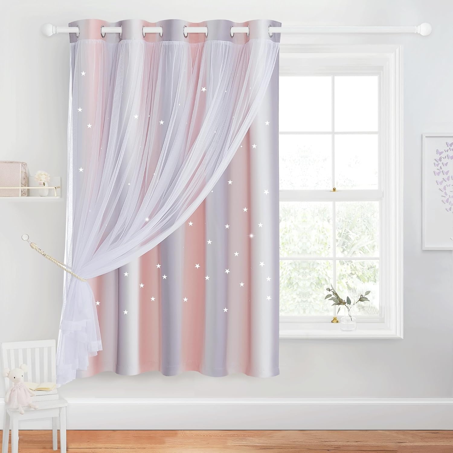 image:imageNICETOWN Kids Room Decor Curtains for Girls Nursery Star Cut Princess Room Design Curtains with Versatile Styling Options for Backdrops Pink amp Yellow amp Green amp Pink Each is W52 x L84 Sold by 2Pink Grey