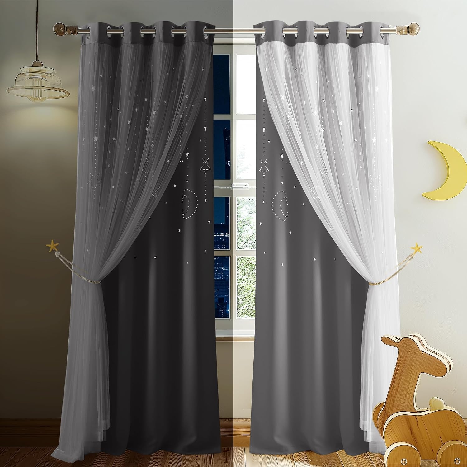 image:imageNICETOWN Kids Room Decor Curtains for Girls Nursery Star Cut Princess Room Design Curtains with Versatile Styling Options for Backdrops Pink amp Yellow amp Green amp Pink Each is W52 x L84 Sold by 2Moon Star Grey
