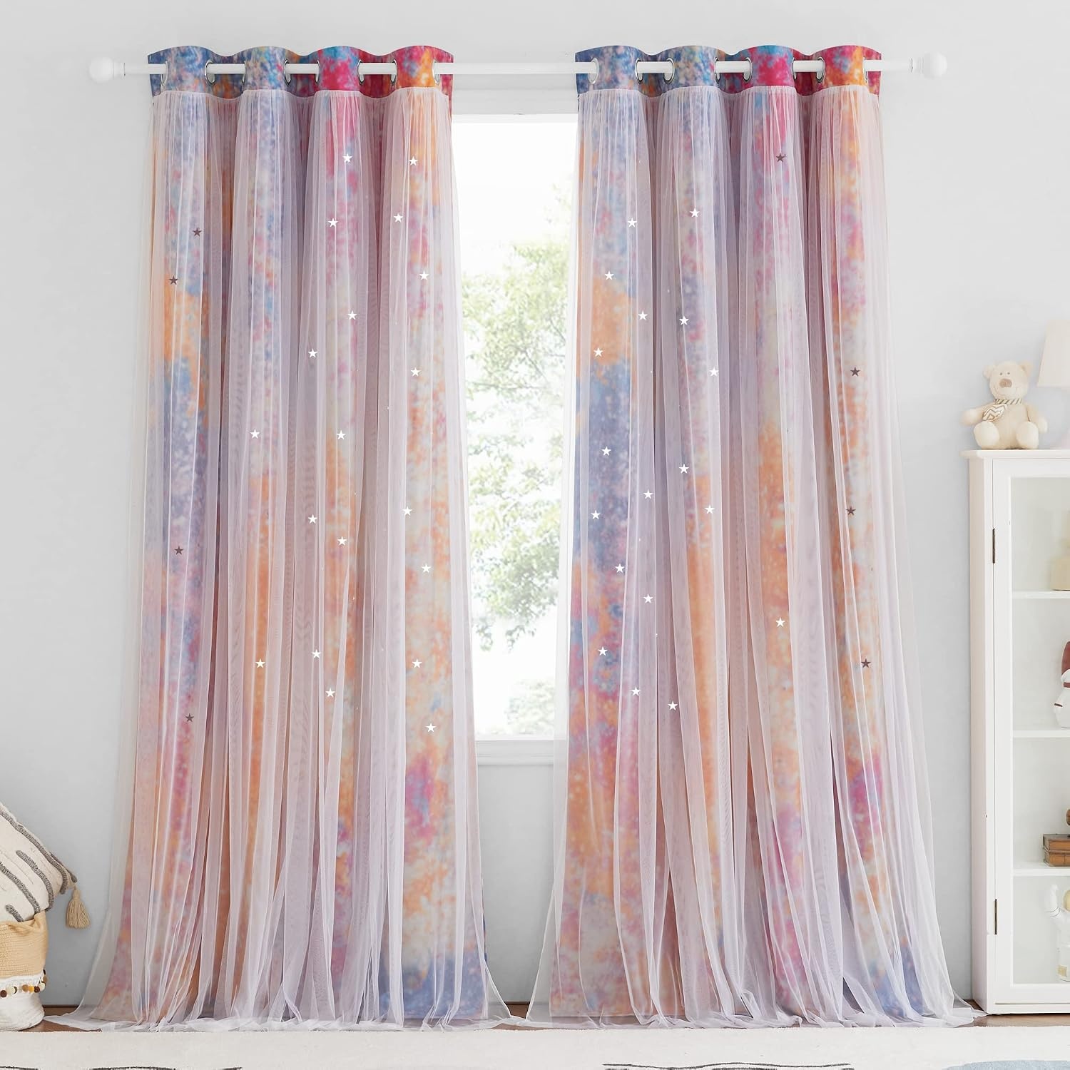 image:imageNICETOWN Kids Room Decor Curtains for Girls Nursery Star Cut Princess Room Design Curtains with Versatile Styling Options for Backdrops Pink amp Yellow amp Green amp Pink Each is W52 x L84 Sold by 2Yellow Pink