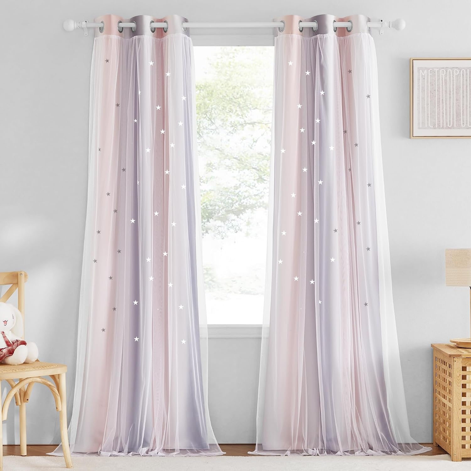 image:imageNICETOWN Kids Room Decor Curtains for Girls Nursery Star Cut Princess Room Design Curtains with Versatile Styling Options for Backdrops Pink amp Yellow amp Green amp Pink Each is W52 x L84 Sold by 2Pink Grey