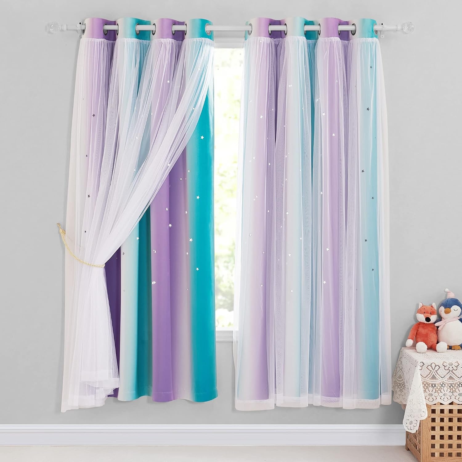 image:imageNICETOWN Kids Room Decor Curtains for Girls Nursery Star Cut Princess Room Design Curtains with Versatile Styling Options for Backdrops Pink amp Yellow amp Green amp Pink Each is W52 x L84 Sold by 2Teal Purple