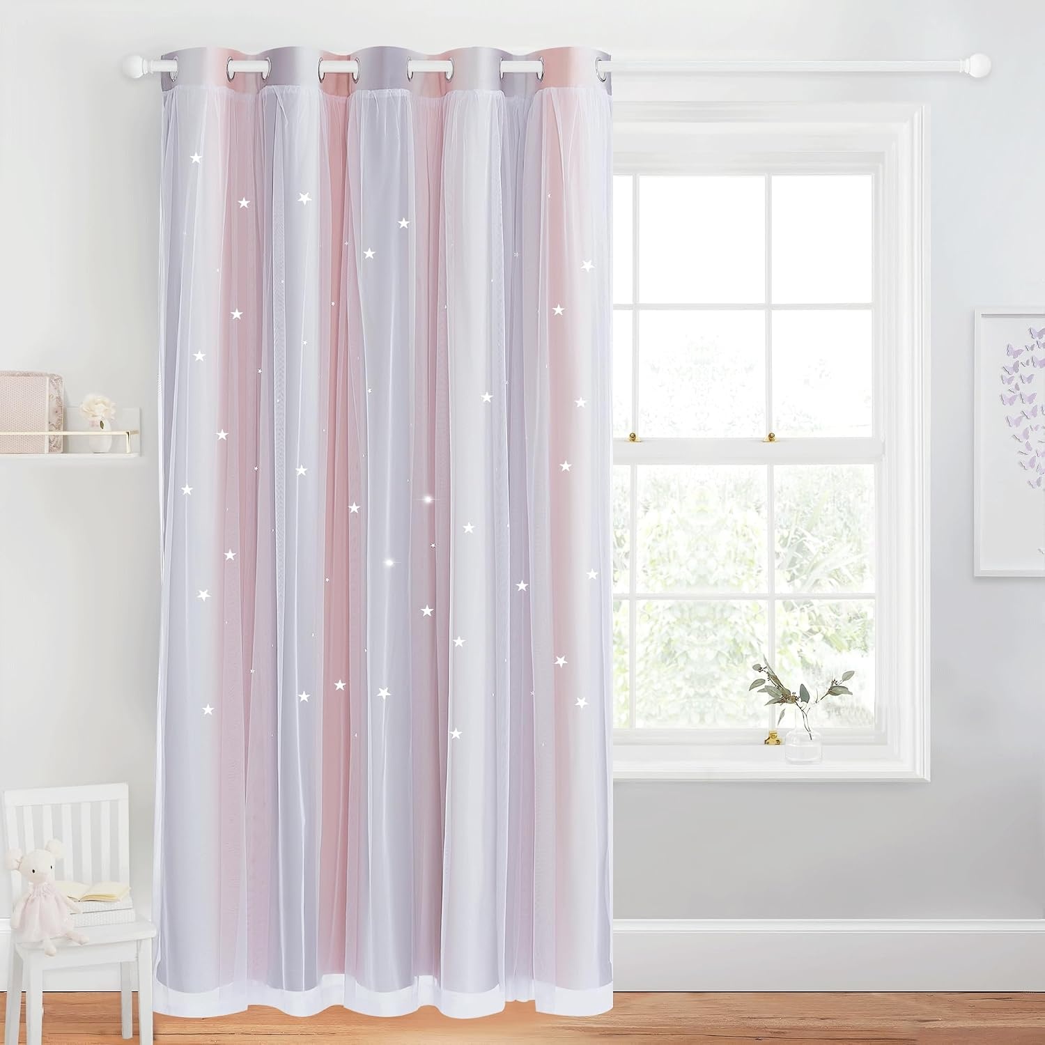 image:imageNICETOWN Kids Room Decor Curtains for Girls Nursery Star Cut Princess Room Design Curtains with Versatile Styling Options for Backdrops Pink amp Yellow amp Green amp Pink Each is W52 x L84 Sold by 2Pink Grey