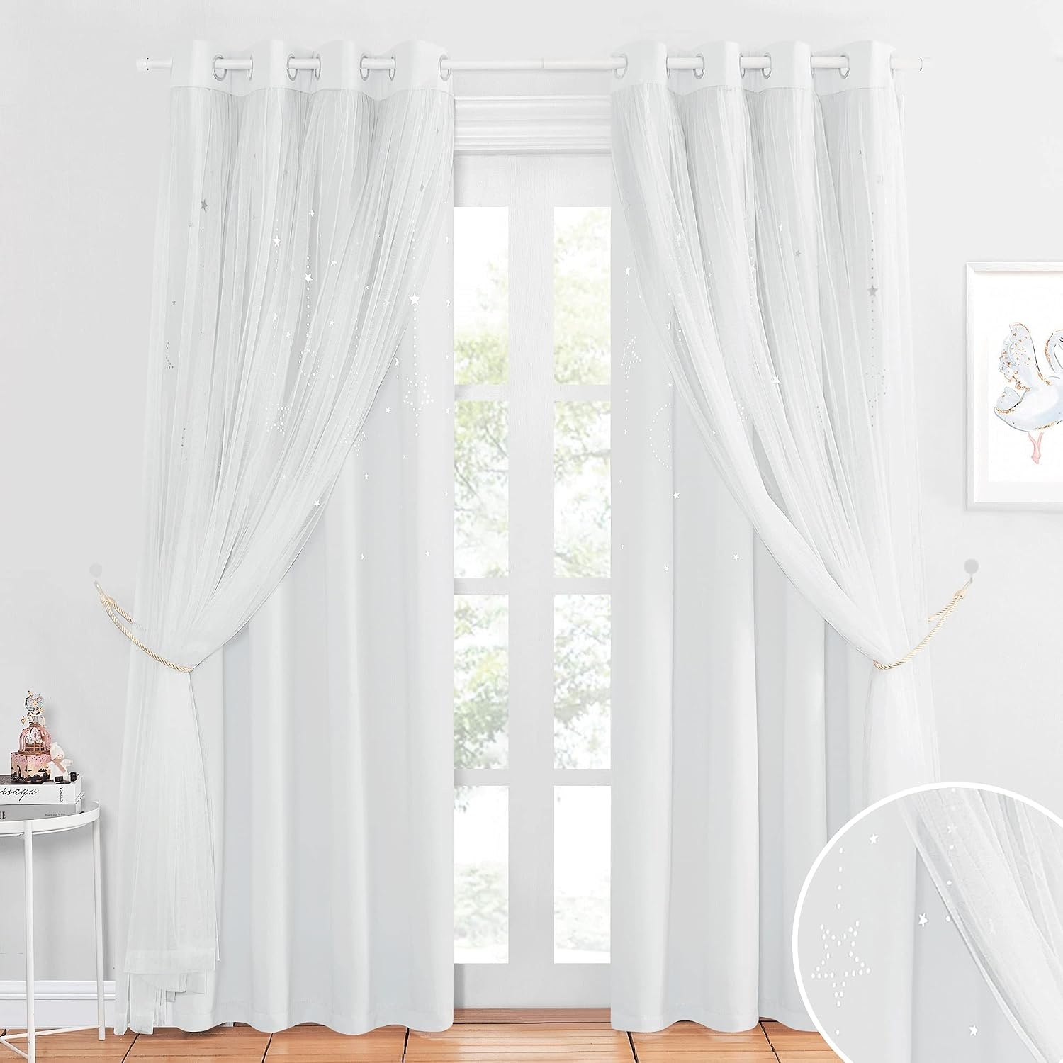 image:imageNICETOWN Kids Room Decor Curtains for Girls Nursery Star Cut Princess Room Design Curtains with Versatile Styling Options for Backdrops Pink amp Yellow amp Green amp Pink Each is W52 x L84 Sold by 2Moon Star Greyish White