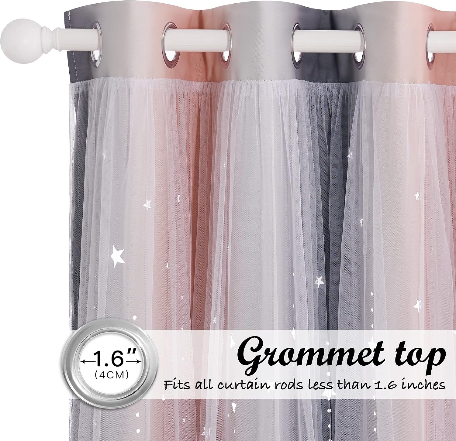 image:imageNICETOWN Kids Room Decor Curtains for Girls Nursery Star Cut Princess Room Design Curtains with Versatile Styling Options for Backdrops Pink amp Yellow amp Green amp Pink Each is W52 x L84 Sold by 2Moon Star Pink Grey
