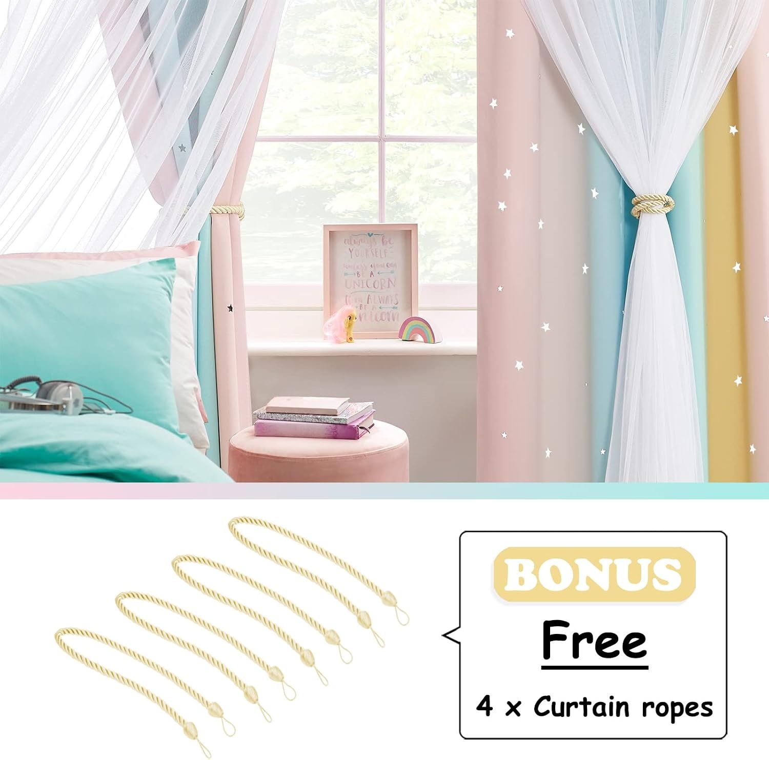 image:imageNICETOWN Kids Room Decor Curtains for Girls Nursery Star Cut Princess Room Design Curtains with Versatile Styling Options for Backdrops Pink amp Yellow amp Green amp Pink Each is W52 x L84 Sold by 2Pink Yellow Green Pink