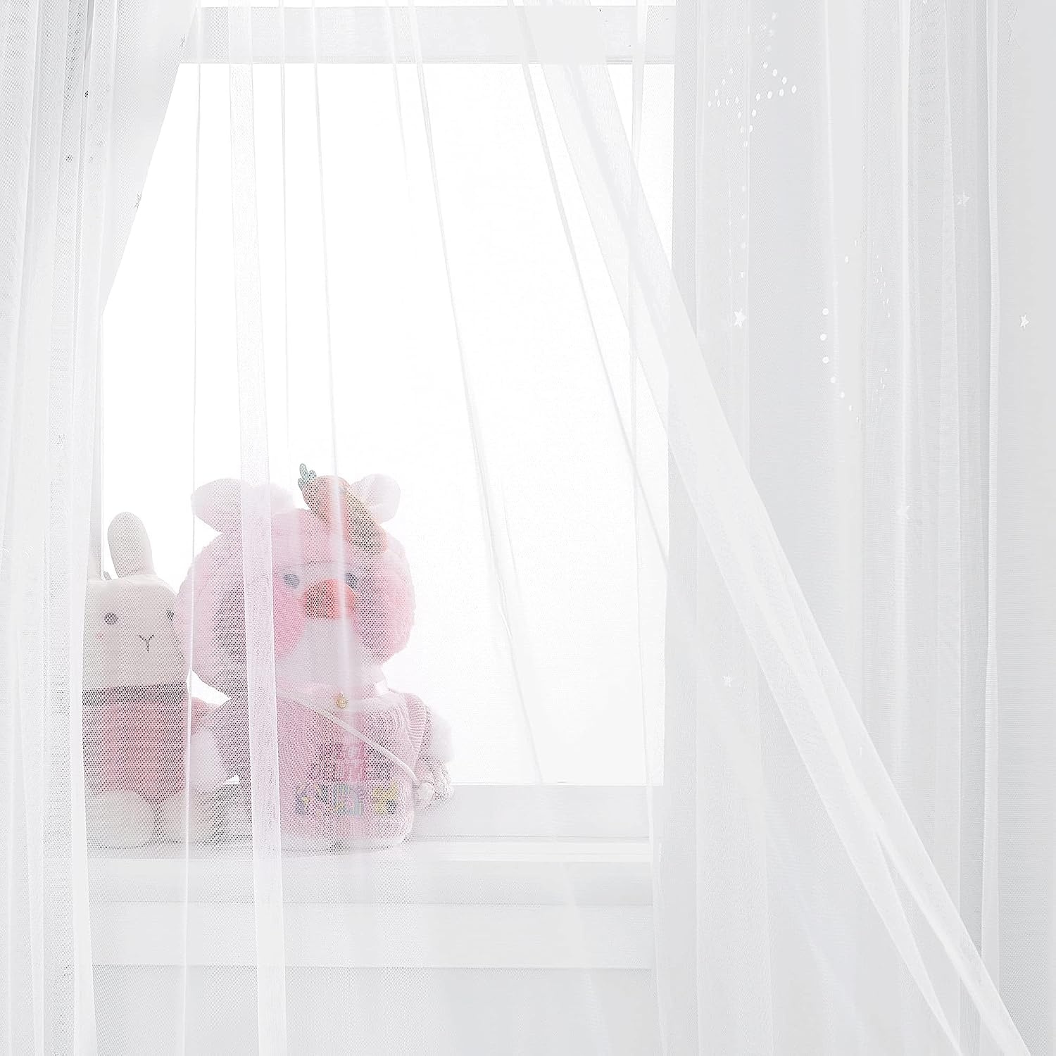 image:imageNICETOWN Kids Room Decor Curtains for Girls Nursery Star Cut Princess Room Design Curtains with Versatile Styling Options for Backdrops Pink amp Yellow amp Green amp Pink Each is W52 x L84 Sold by 2Moon Star Greyish White