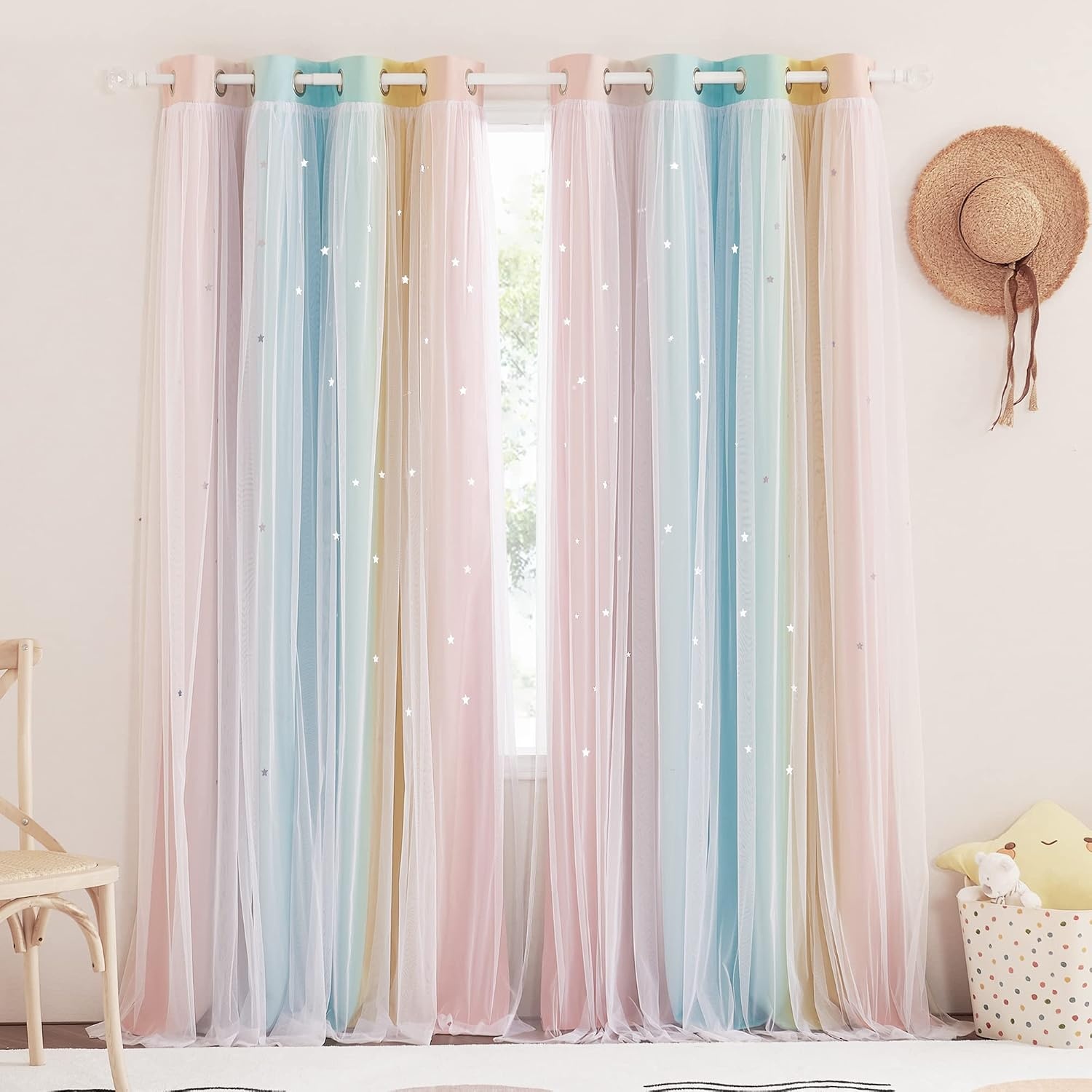 image:imageNICETOWN Kids Room Decor Curtains for Girls Nursery Star Cut Princess Room Design Curtains with Versatile Styling Options for Backdrops Pink amp Yellow amp Green amp Pink Each is W52 x L84 Sold by 2Pink Yellow Green Pink