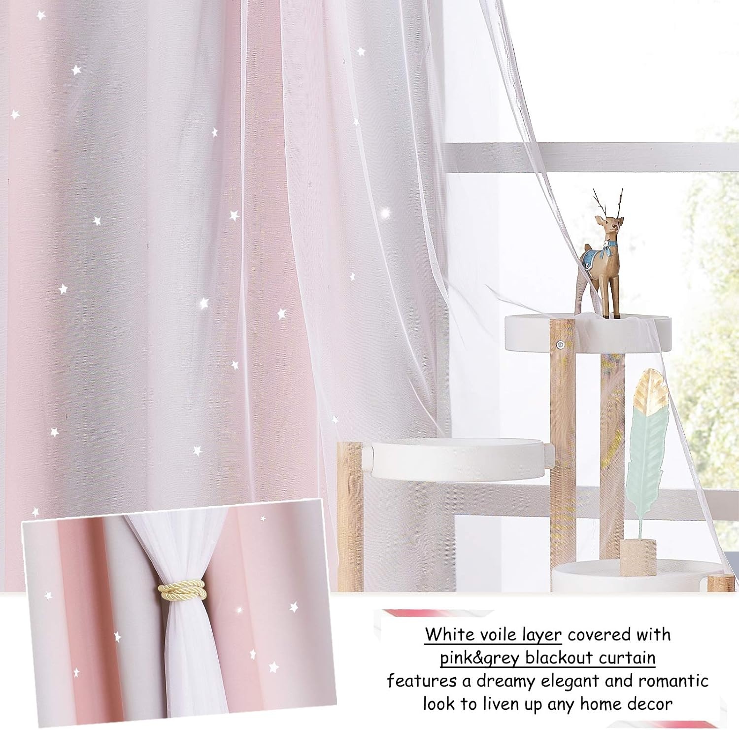 image:imageNICETOWN Kids Room Decor Curtains for Girls Nursery Star Cut Princess Room Design Curtains with Versatile Styling Options for Backdrops Pink amp Yellow amp Green amp Pink Each is W52 x L84 Sold by 2Pink Grey