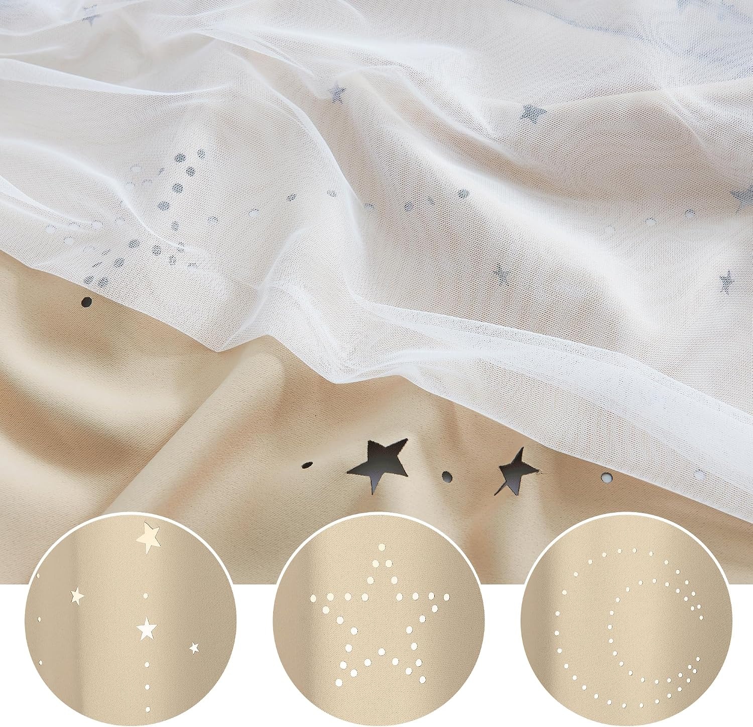 image:imageNICETOWN Kids Room Decor Curtains for Girls Nursery Star Cut Princess Room Design Curtains with Versatile Styling Options for Backdrops Pink amp Yellow amp Green amp Pink Each is W52 x L84 Sold by 2Moon Star Biscotti Beige