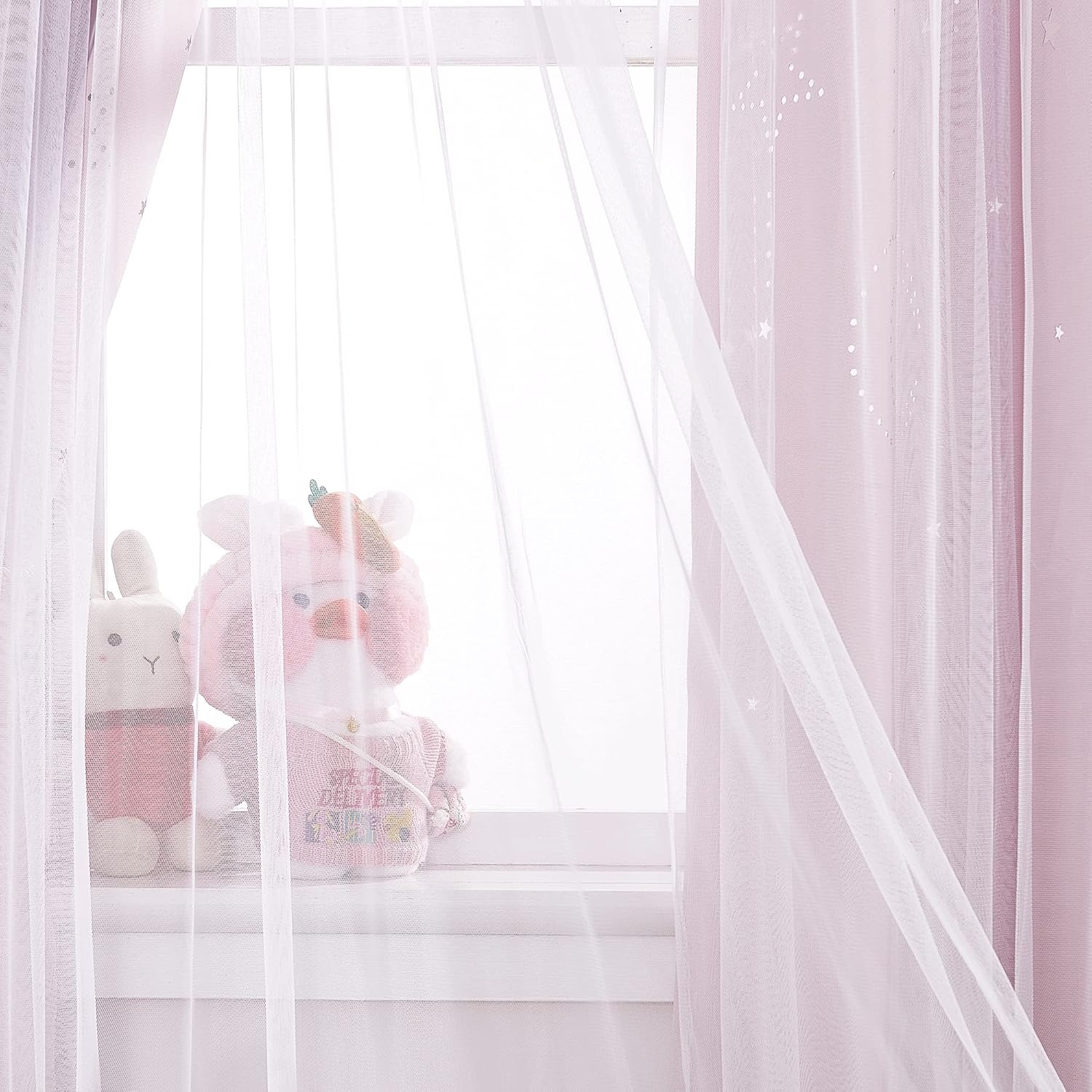 image:imageNICETOWN Kids Room Decor Curtains for Girls Nursery Star Cut Princess Room Design Curtains with Versatile Styling Options for Backdrops Pink amp Yellow amp Green amp Pink Each is W52 x L84 Sold by 2Moon Star Baby Pink