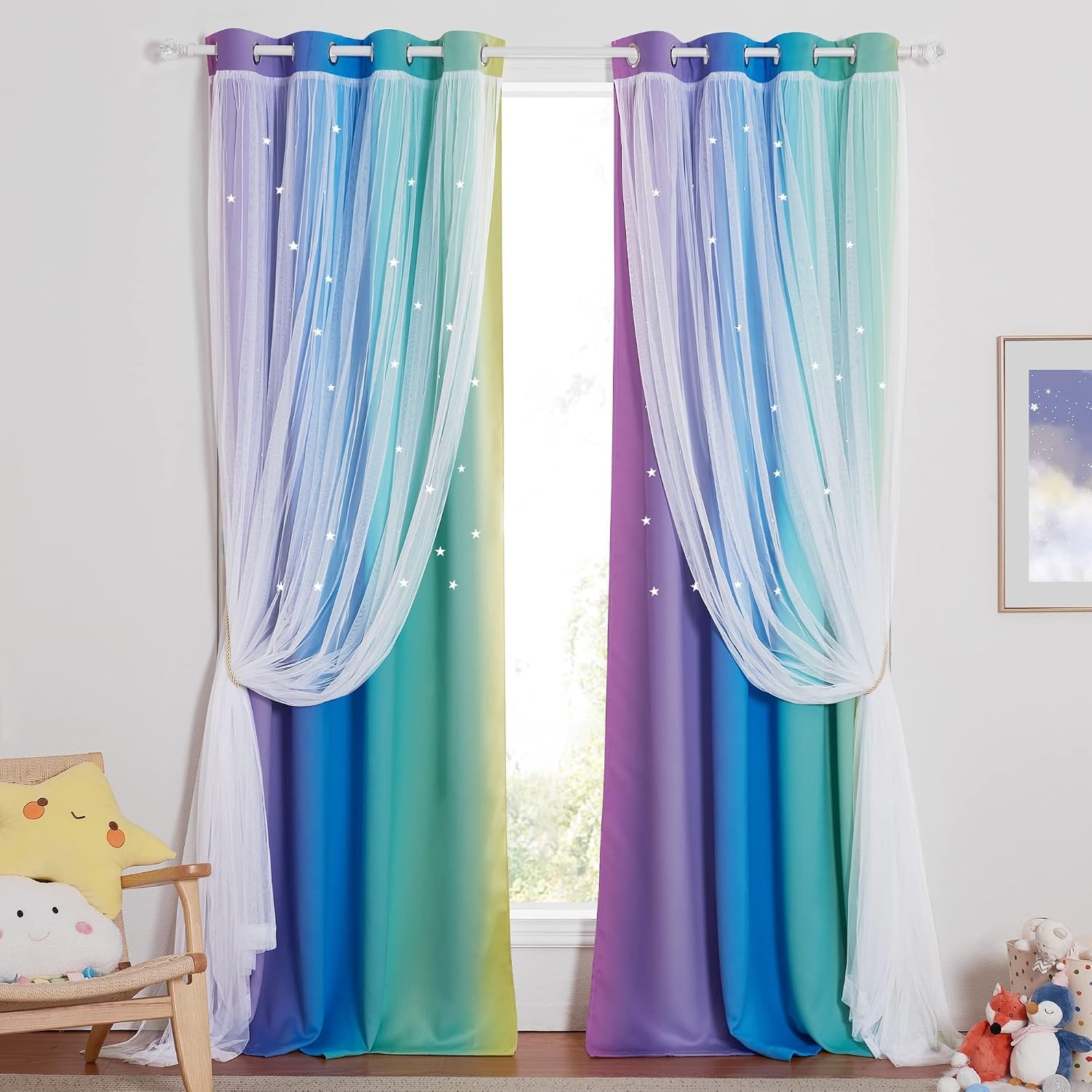 image:imageNICETOWN Kids Room Decor Curtains for Girls Nursery Star Cut Princess Room Design Curtains with Versatile Styling Options for Backdrops Pink amp Yellow amp Green amp Pink Each is W52 x L84 Sold by 2Rainbow1