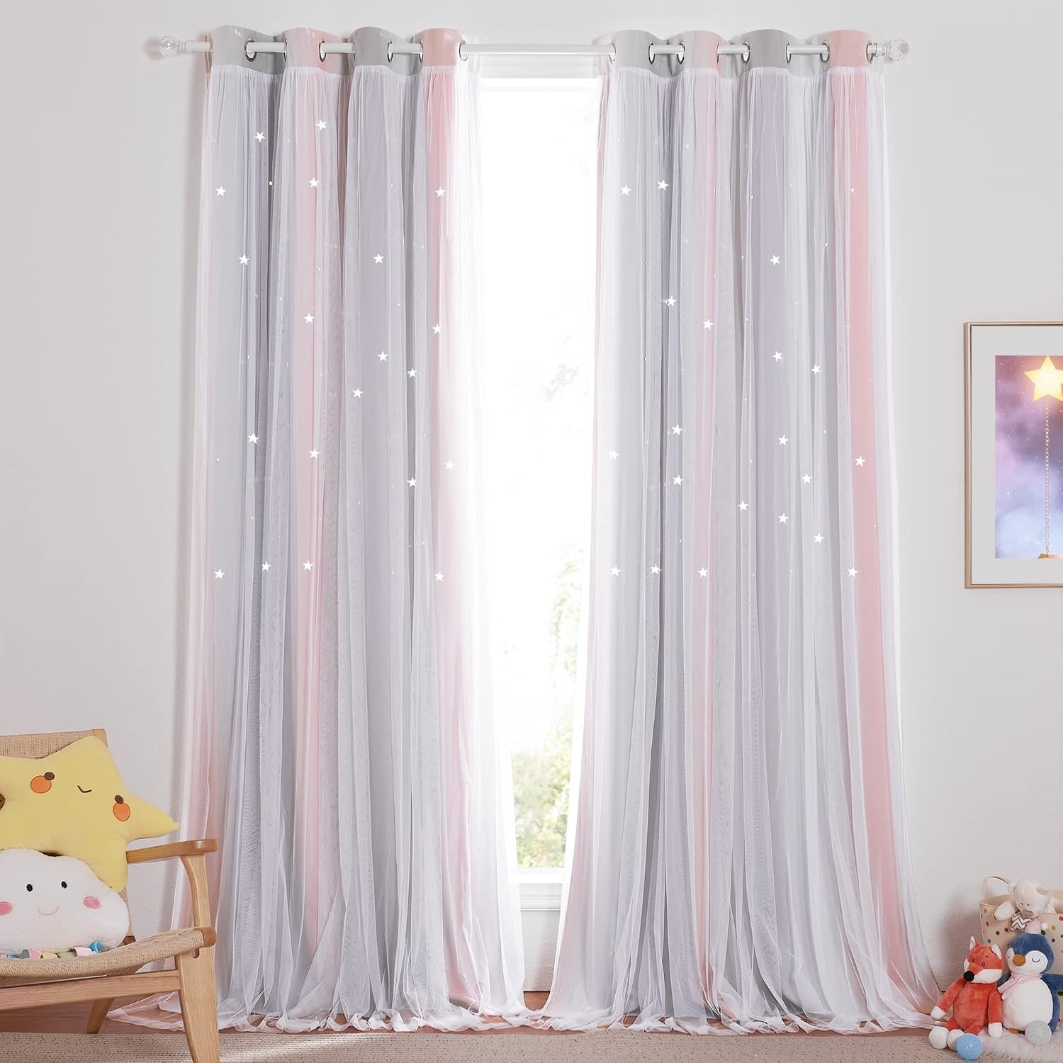image:imageNICETOWN Kids Room Decor Curtains for Girls Nursery Star Cut Princess Room Design Curtains with Versatile Styling Options for Backdrops Pink amp Yellow amp Green amp Pink Each is W52 x L84 Sold by 2Pink Grey