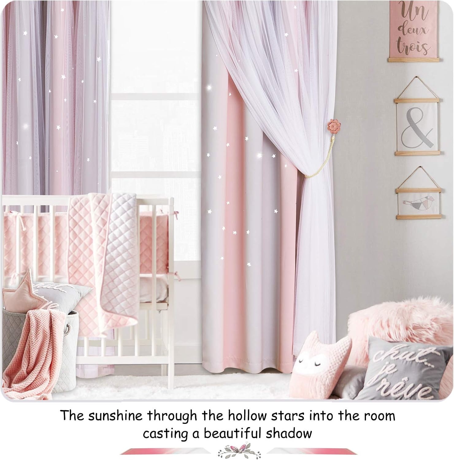 image:imageNICETOWN Kids Room Decor Curtains for Girls Nursery Star Cut Princess Room Design Curtains with Versatile Styling Options for Backdrops Pink amp Yellow amp Green amp Pink Each is W52 x L84 Sold by 2Pink Grey