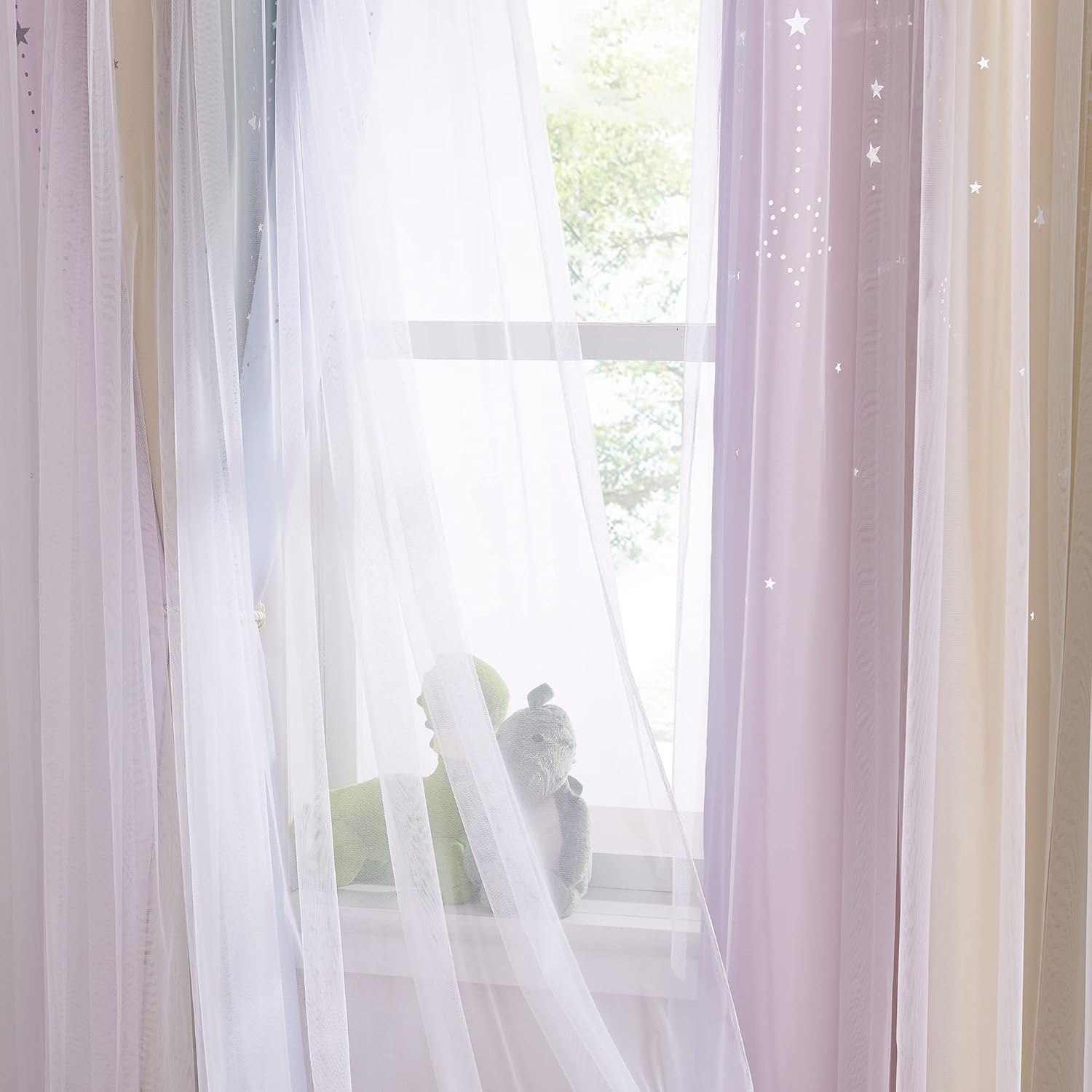 image:imageNICETOWN Kids Room Decor Curtains for Girls Nursery Star Cut Princess Room Design Curtains with Versatile Styling Options for Backdrops Pink amp Yellow amp Green amp Pink Each is W52 x L84 Sold by 2Moon Star Rainbow1