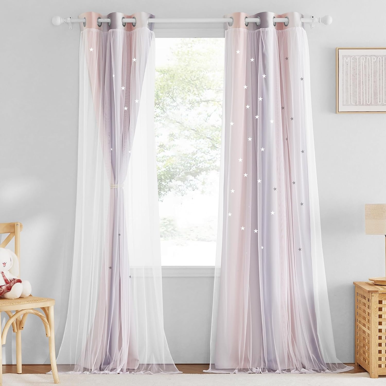 image:imageNICETOWN Kids Room Decor Curtains for Girls Nursery Star Cut Princess Room Design Curtains with Versatile Styling Options for Backdrops Pink amp Yellow amp Green amp Pink Each is W52 x L84 Sold by 2Pink Grey
