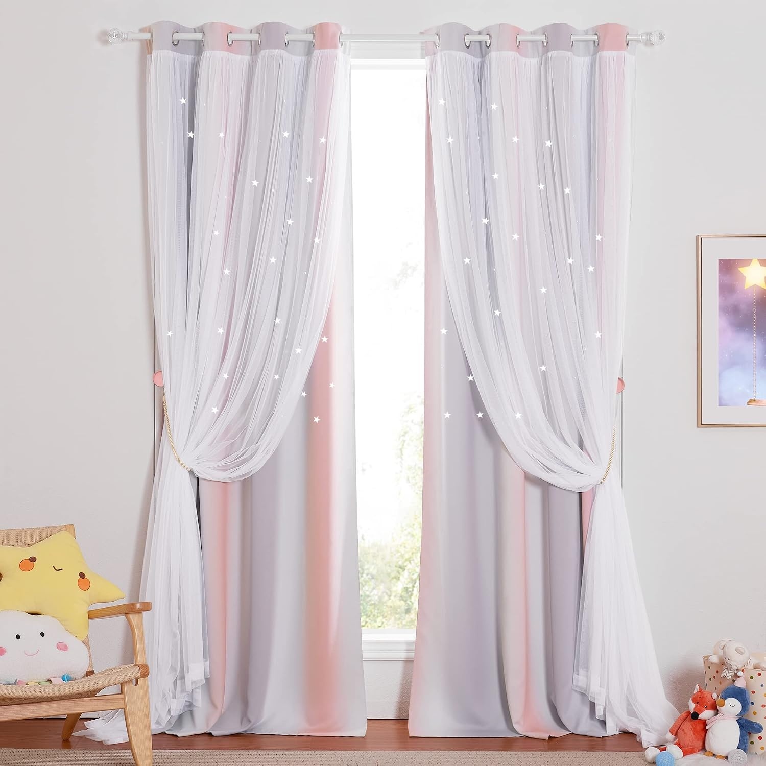 image:imageNICETOWN Kids Room Decor Curtains for Girls Nursery Star Cut Princess Room Design Curtains with Versatile Styling Options for Backdrops Pink amp Yellow amp Green amp Pink Each is W52 x L84 Sold by 2Pink Grey