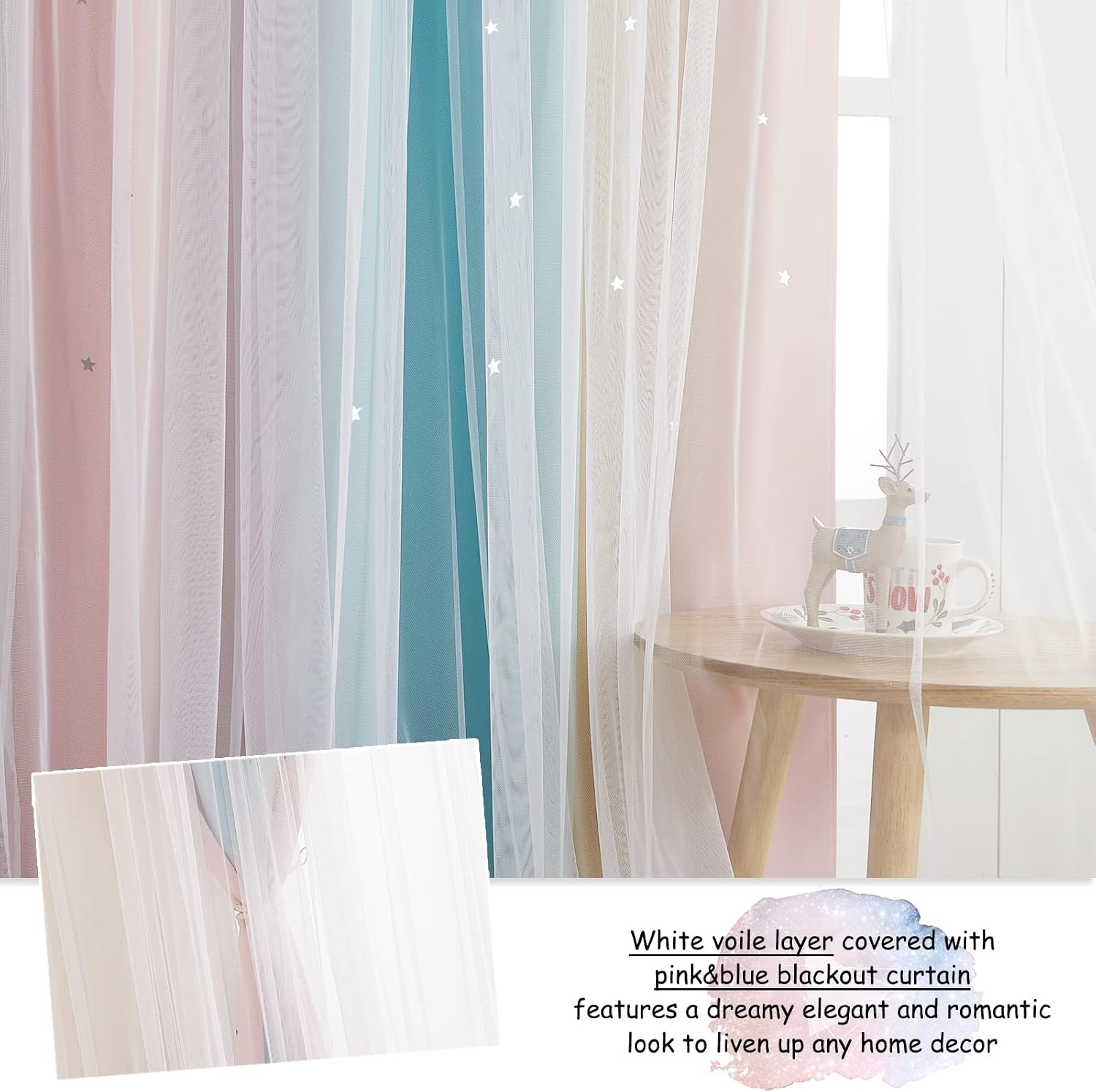 image:imageNICETOWN Kids Room Decor Curtains for Girls Nursery Star Cut Princess Room Design Curtains with Versatile Styling Options for Backdrops Pink amp Yellow amp Green amp Pink Each is W52 x L84 Sold by 2Pink Yellow Green Pink
