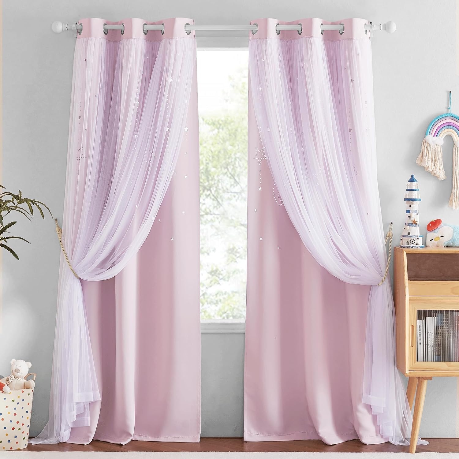 image:imageNICETOWN Kids Room Decor Curtains for Girls Nursery Star Cut Princess Room Design Curtains with Versatile Styling Options for Backdrops Pink amp Yellow amp Green amp Pink Each is W52 x L84 Sold by 2Moon Star Baby Pink